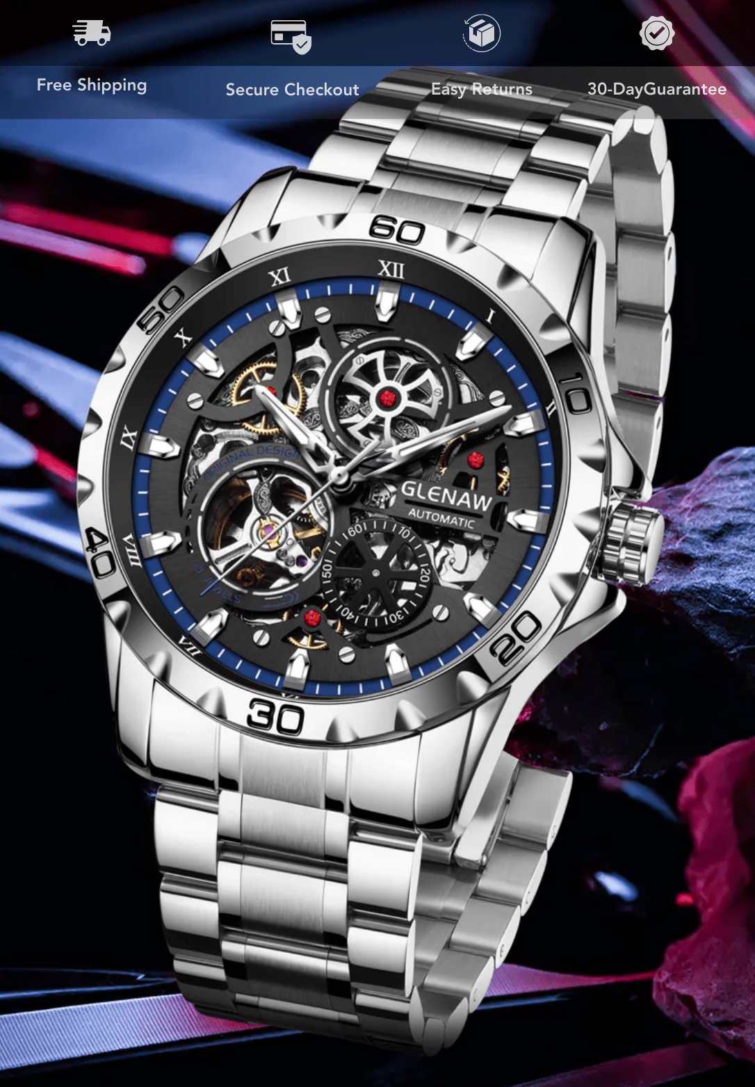 GLENAW Steampunk Skeleton Automatic Men’s Watch – Stainless Steel - The Crew