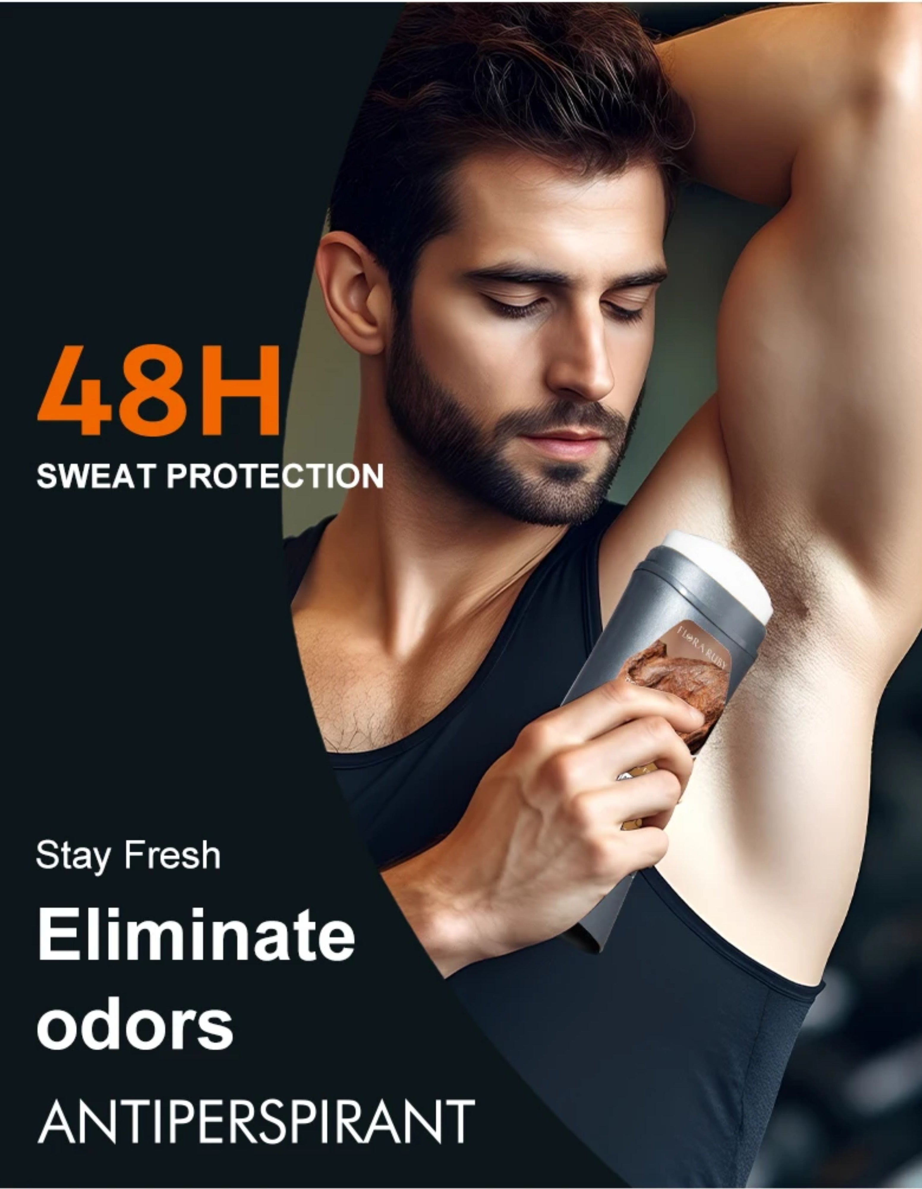 A man applying the dark gray antiperspirant stick to his underarm, highlighting 48-hour sweat protection and odor elimination