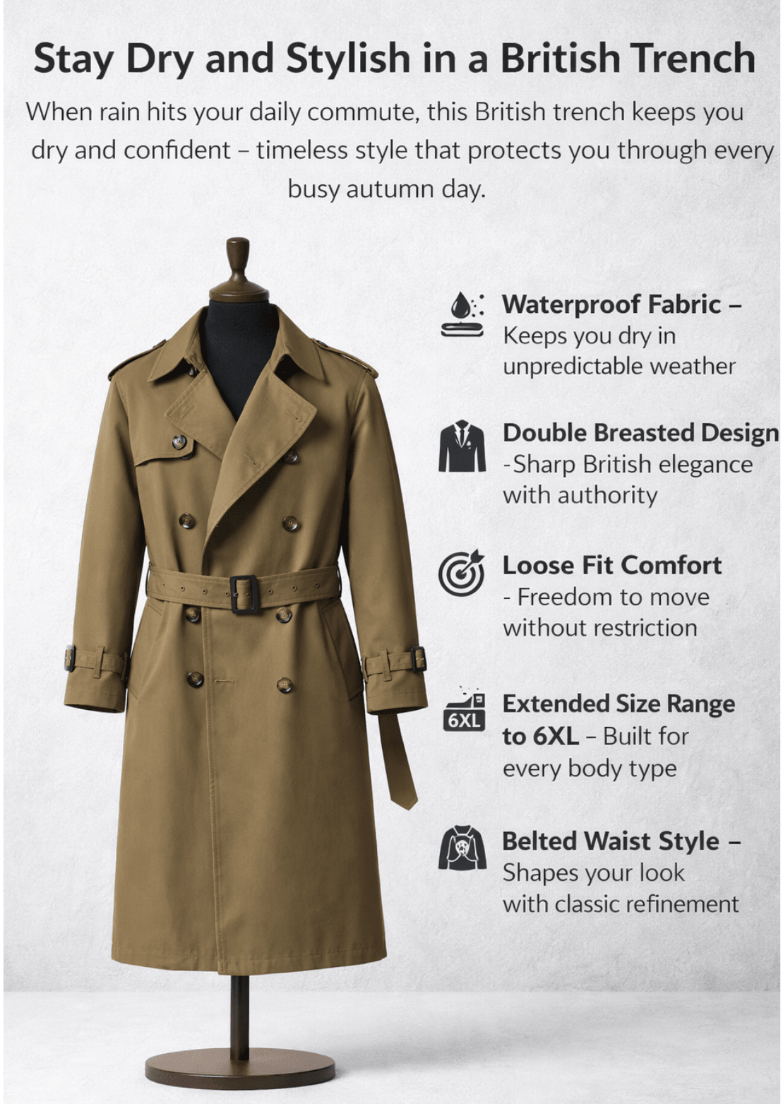 British Style Belted Trench Coat for Men – Waterproof - The Crew