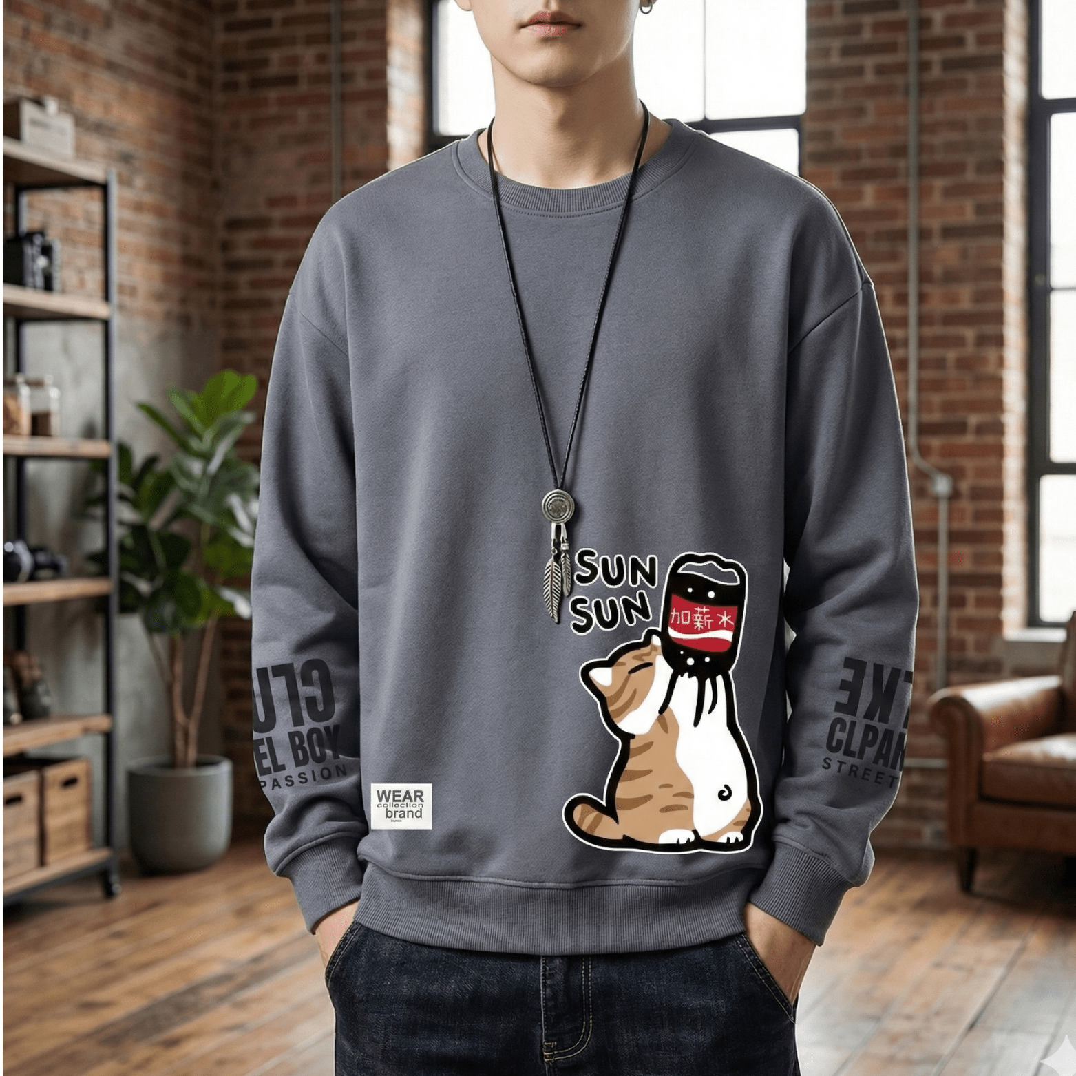 Cute Cat Oversized T-Shirt for Men Relaxed Graphic Tee - The Crew