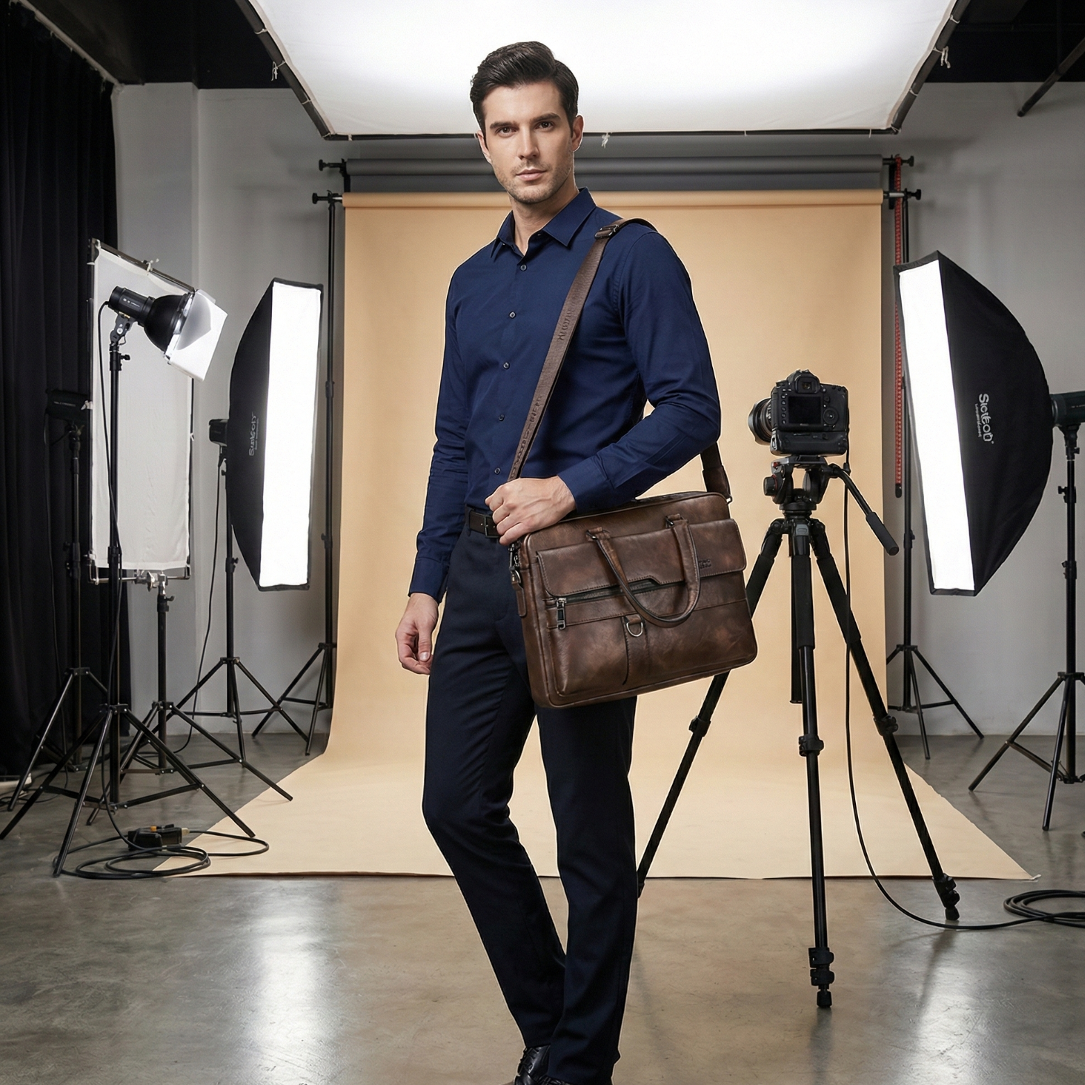 Man Wearing Premium Leather Business Briefcase Studio Shot – The Crew