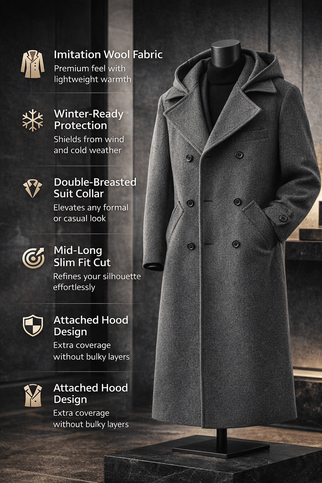 Men’s Hooded Wool Trench Coat – Double Breasted Winter 2025 - The Crew