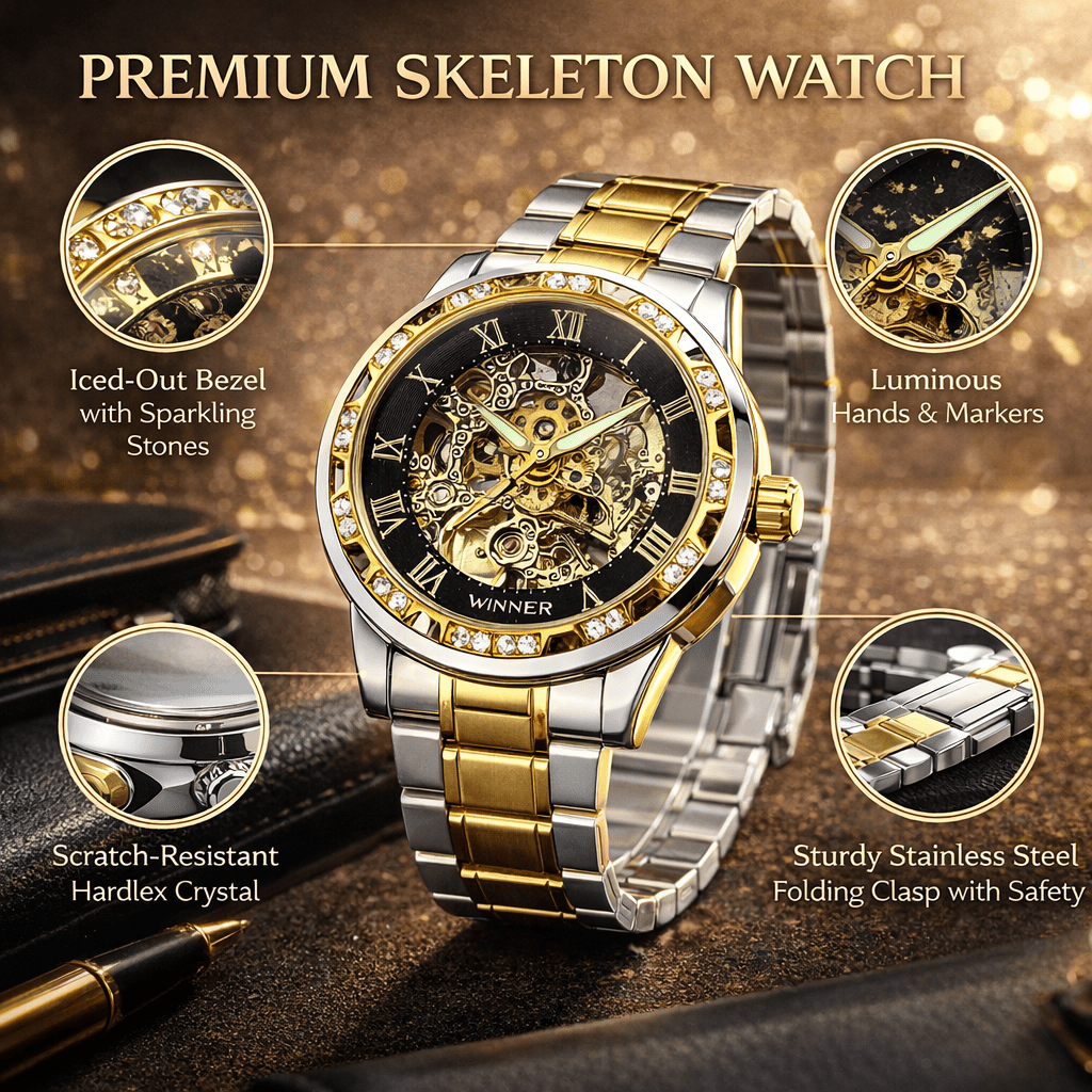 WINNER Gold Skeleton Mechanical Watch for Men - The Crew