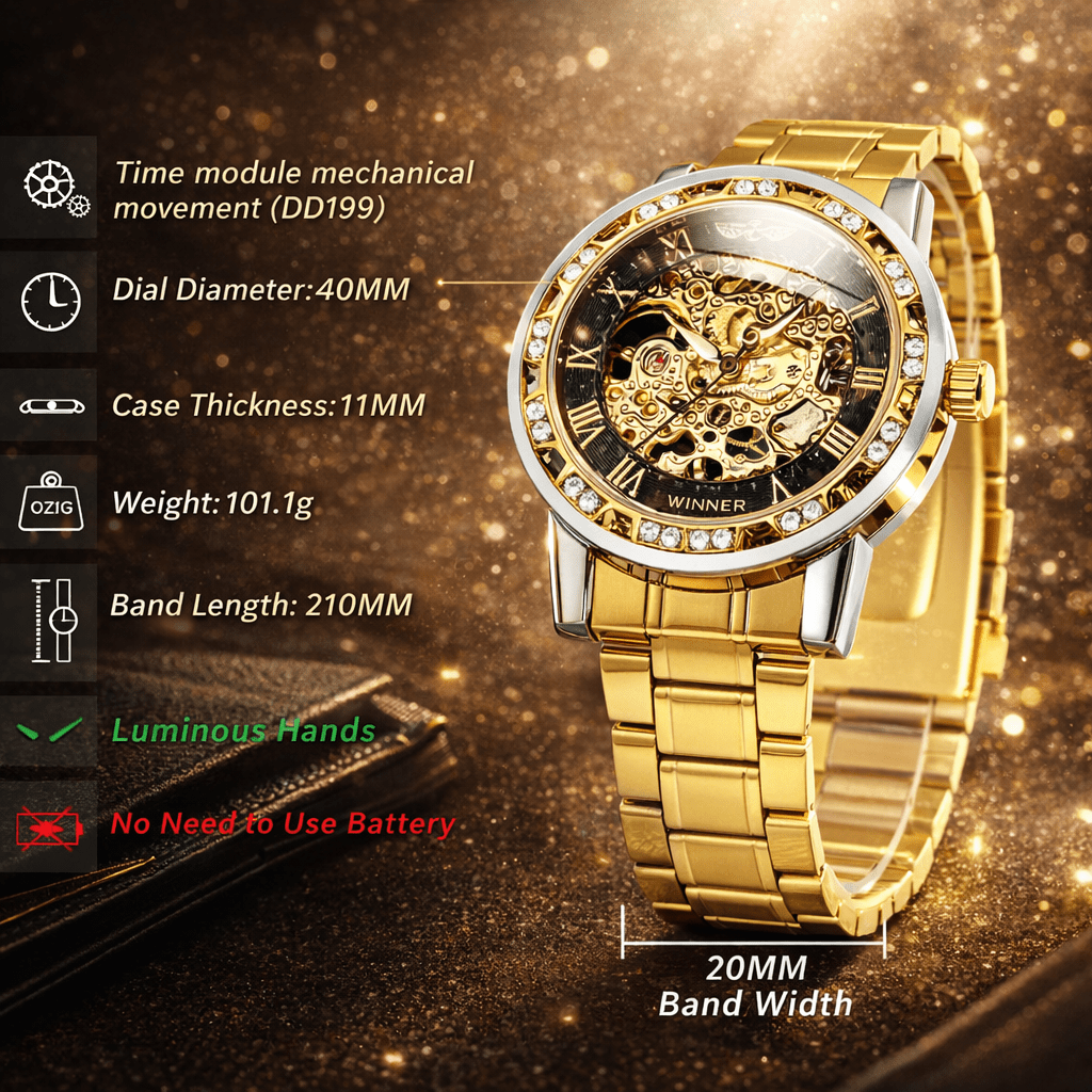 WINNER Gold Skeleton Mechanical Watch for Men - The Crew