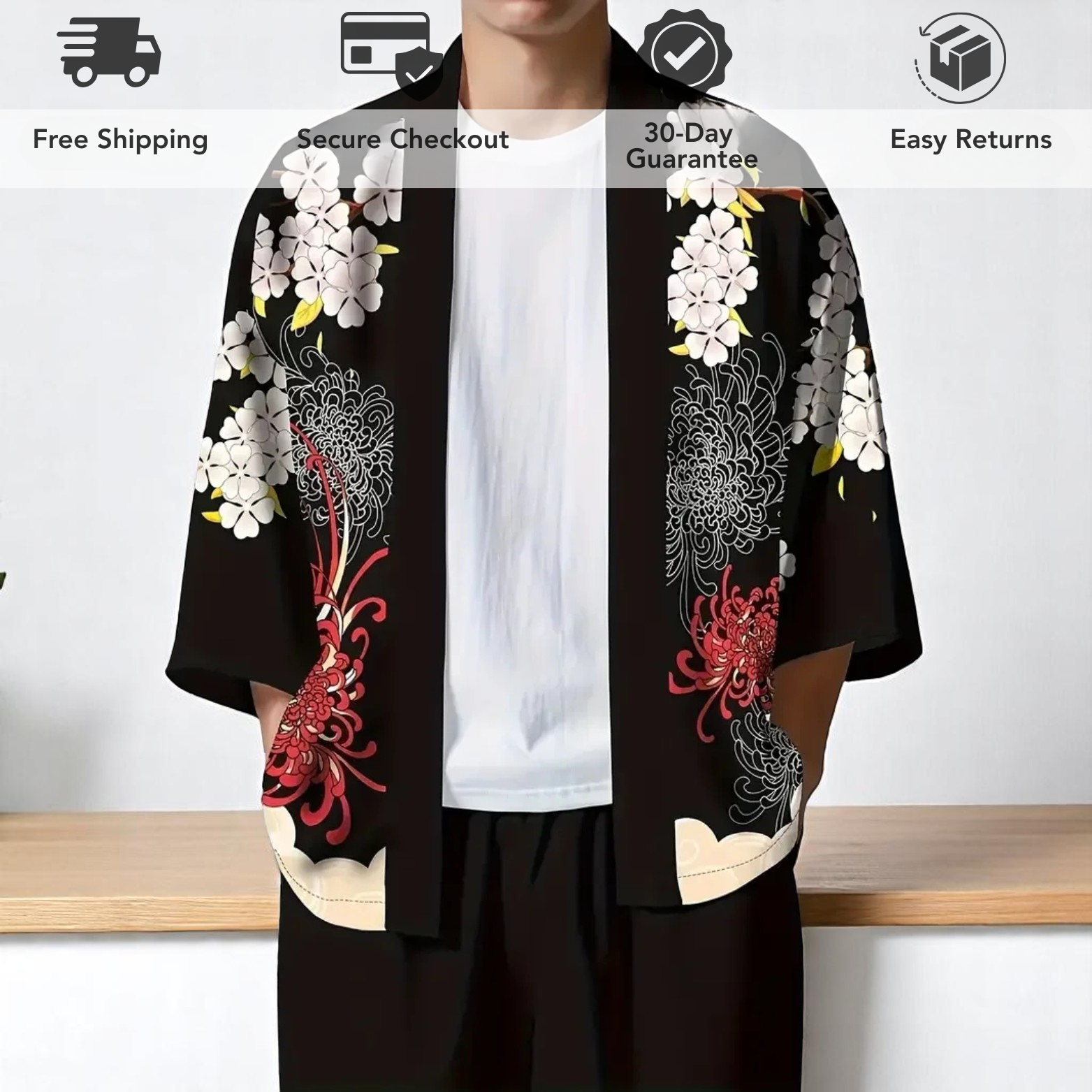3D Cat and Flowers Kimono Shirt