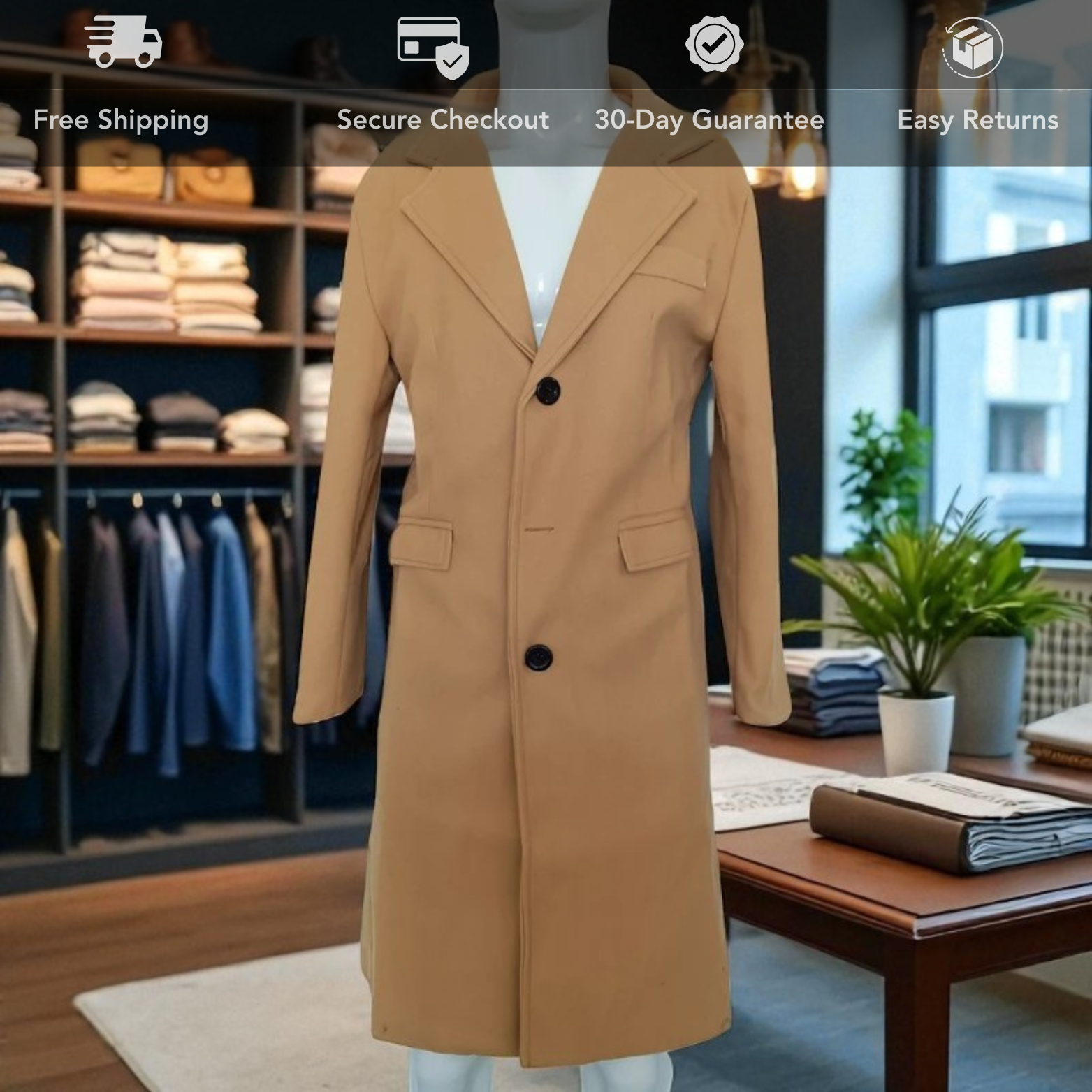 Men trench coat retail store display lifestyle – The Crew