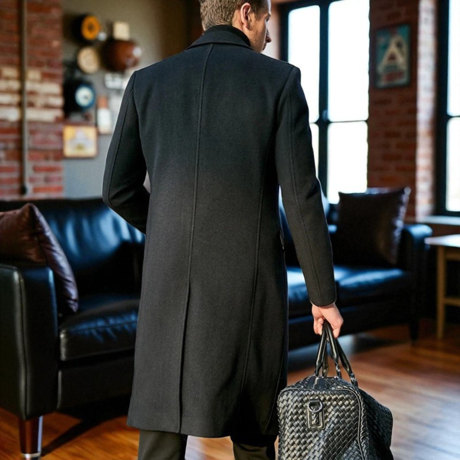 Men winter trench coat back view interior scene – The Crew