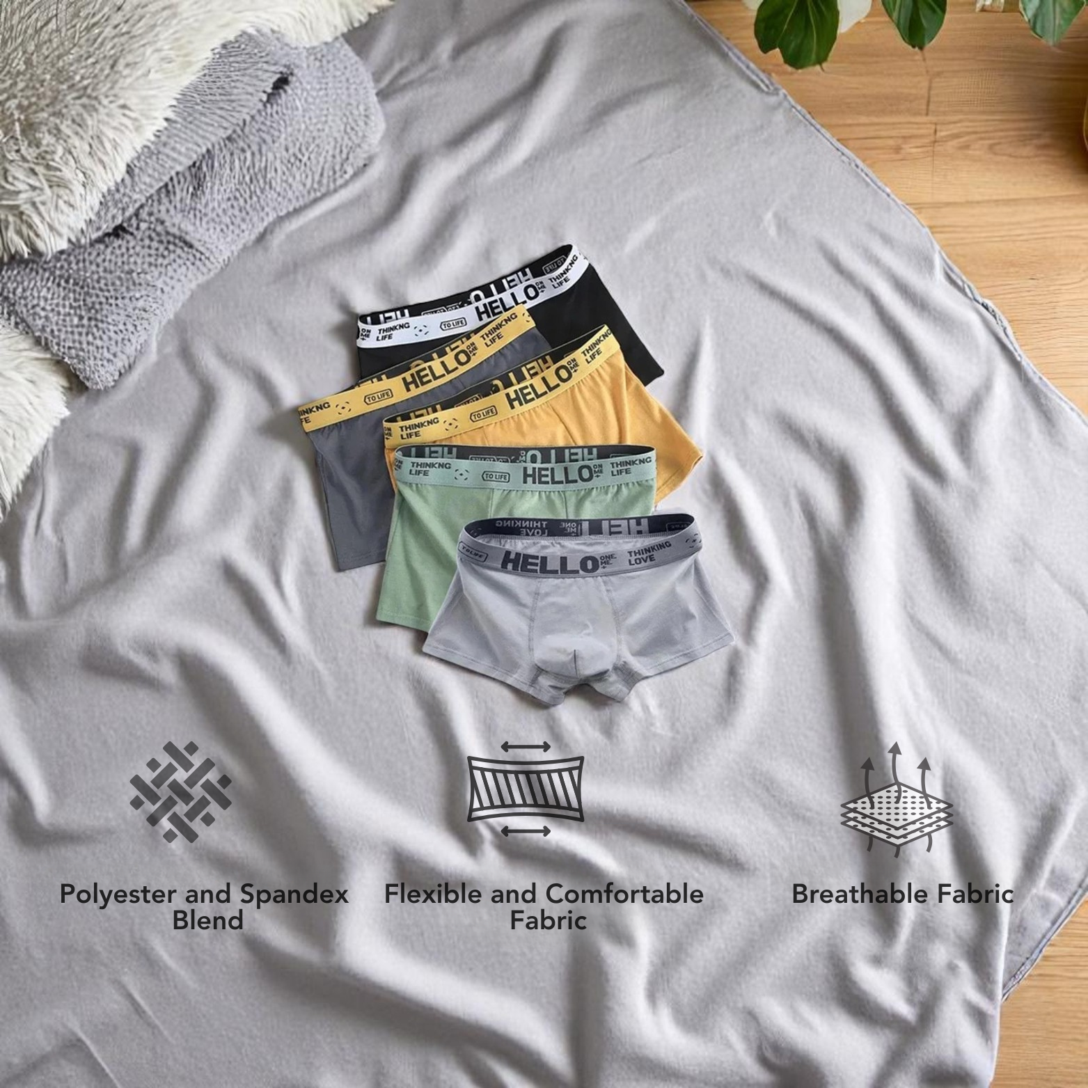 Comfortable and Cool Men's Boxers 5 pieces (Black, Dark Gray, Gray, Yellow and Green)