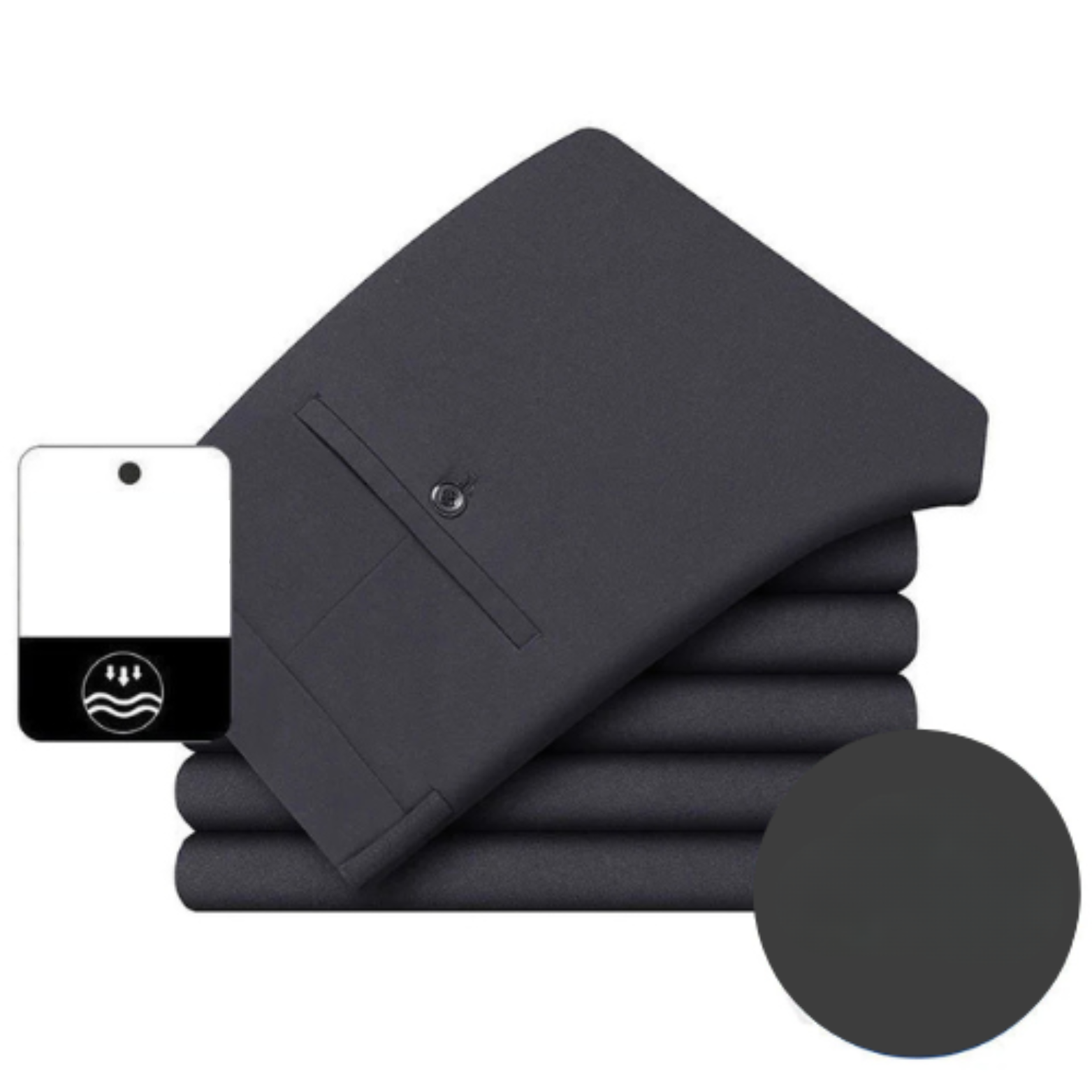 Folded dark gray business pants stack – The Crew