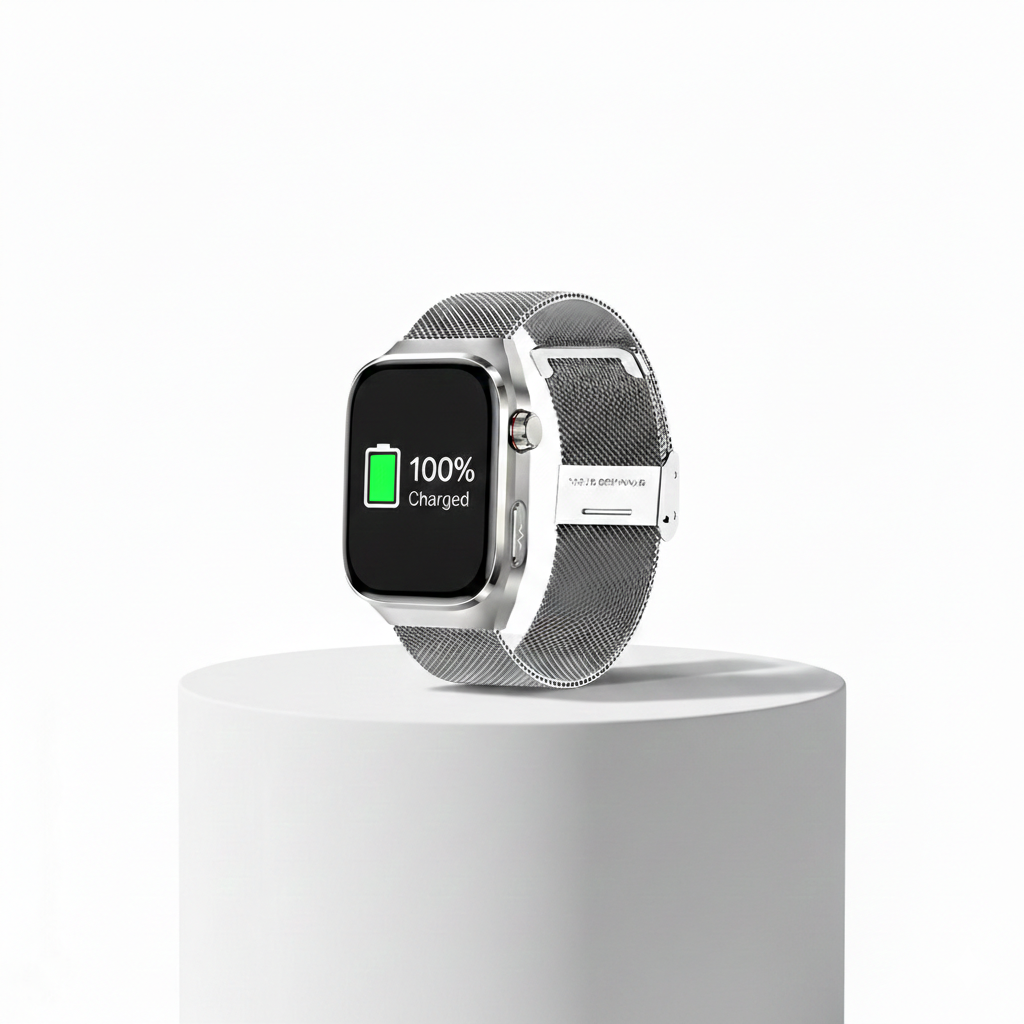 A silver smartwatch with a stainless steel mesh band placed on a white pedestal, showing a "100% Charged" green battery icon on its screen against a clean white background