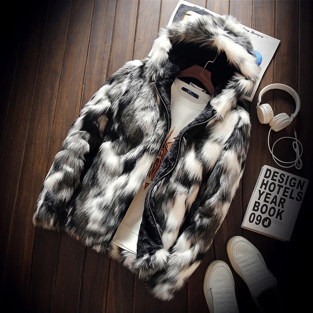 Thick Faux Fox Fur Coat with Hood