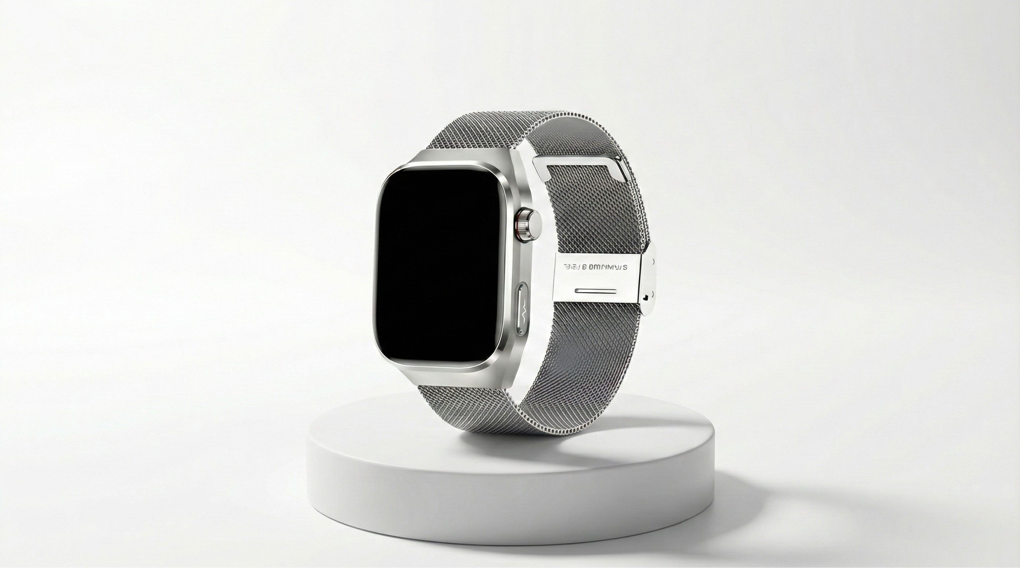 Side view of a silver smart watch with a matte metallic case and a stainless steel Milanese loop mesh strap, displayed on a white circular pedestal with a clean white background