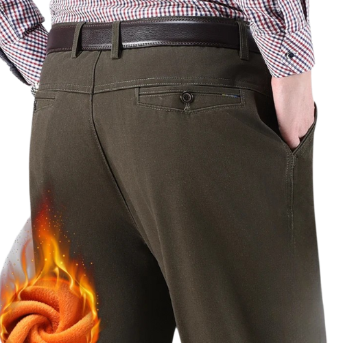 Dark Khaki pants warm lining back view – The Crew