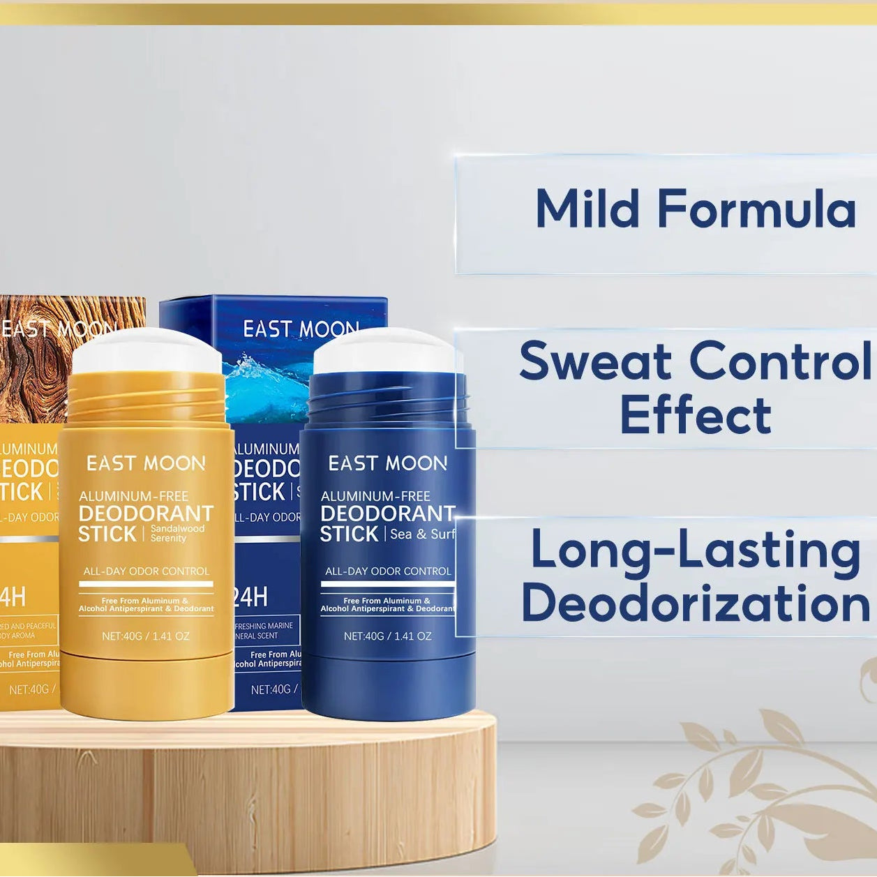 Graphic layout detailing the anti-sweating and keep drying benefits of East Moon natural plant deodorant