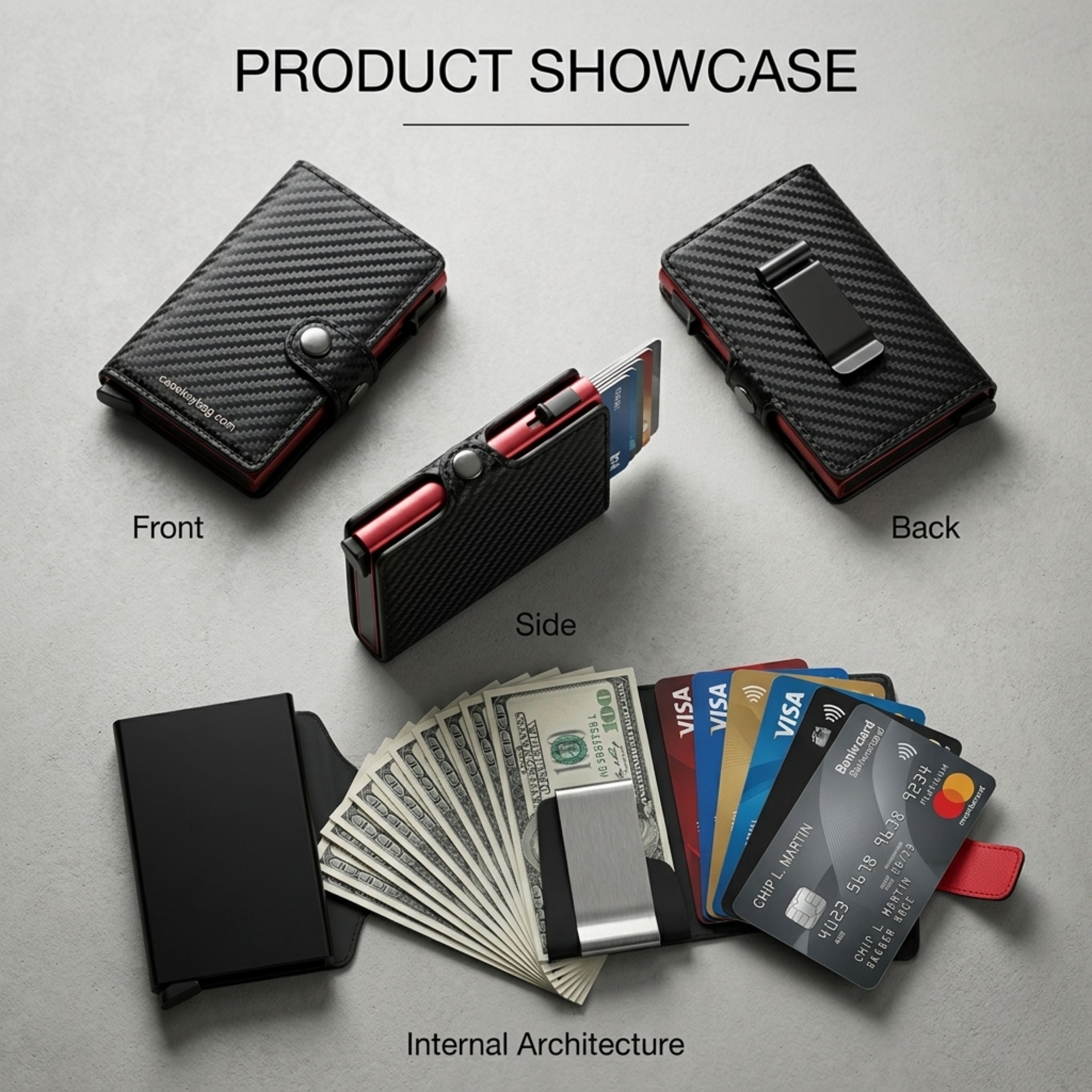 A composite product overview diagram titled Product Showcase highlighting CaseKey's front face, back money clip, interior compartment, and fanned-out card selection