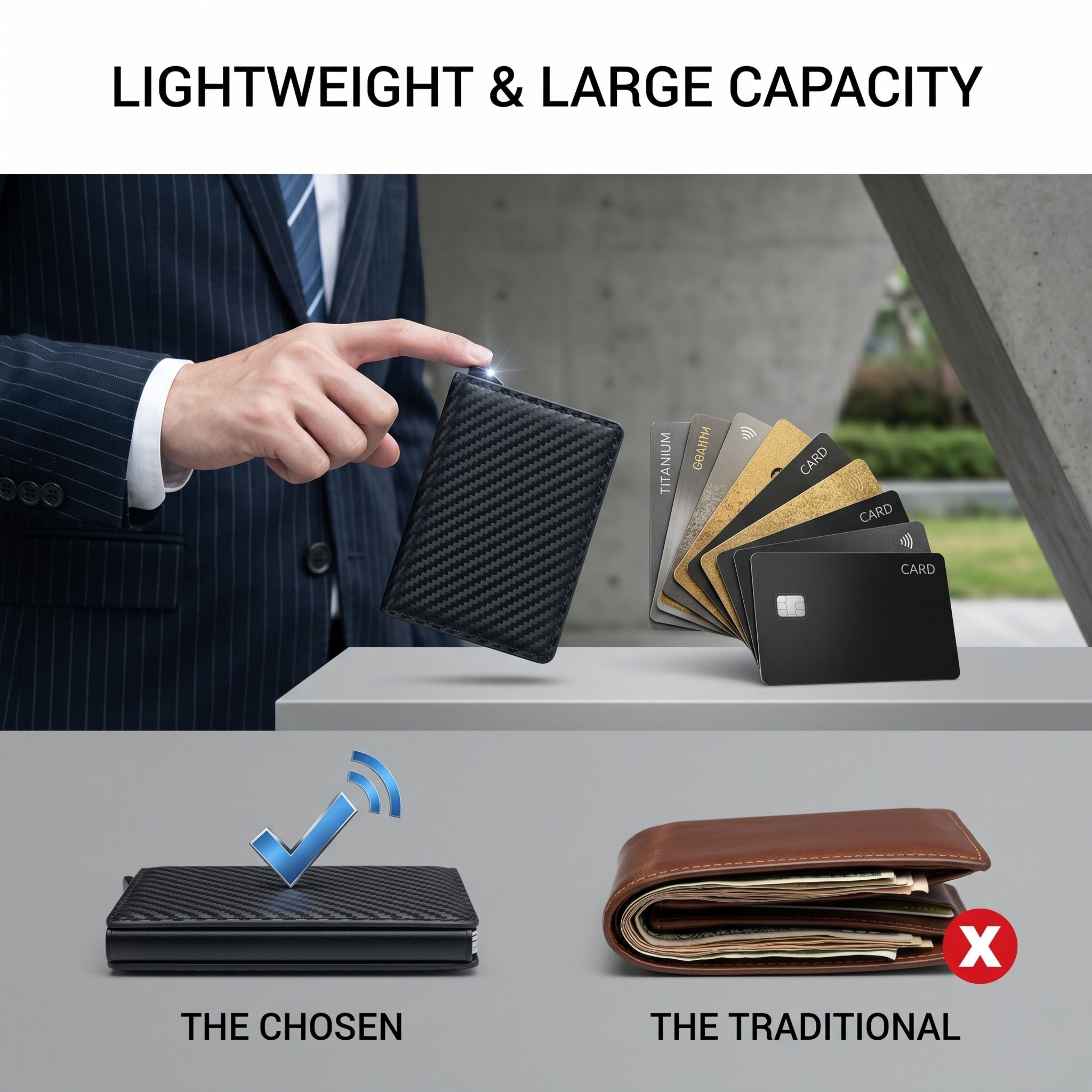 A thickness comparison infographic titled Lightweight & Large Capacity, comparing CaseKey’s modern slim design against a traditional, overstuffed leather billfold