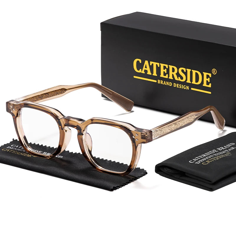 Caterside brown tortoiseshell square eyeglasses displayed with a branded black packaging box and cleaning cloth.