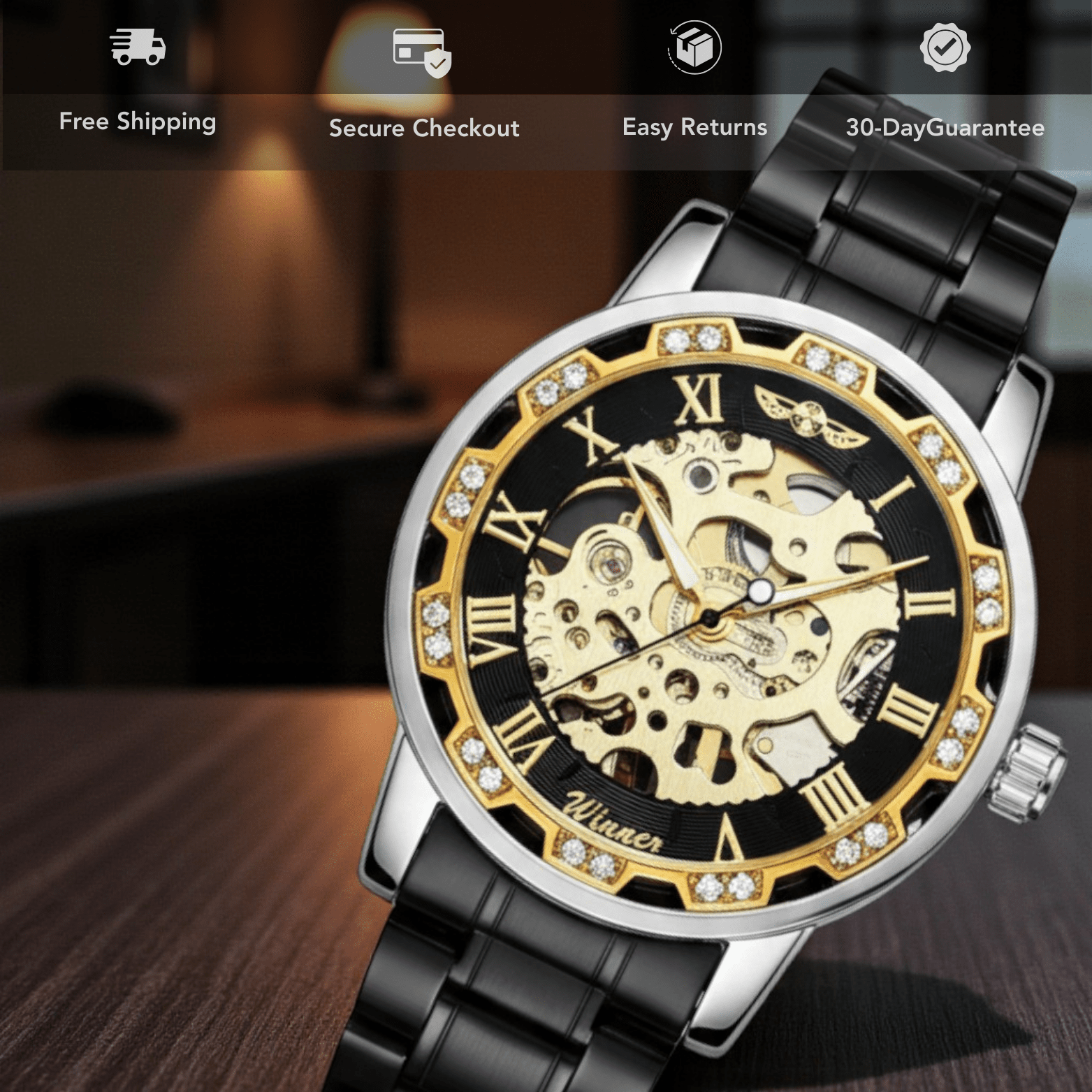 WINNER Gold Skeleton Mechanical Watch for Men - The Crew