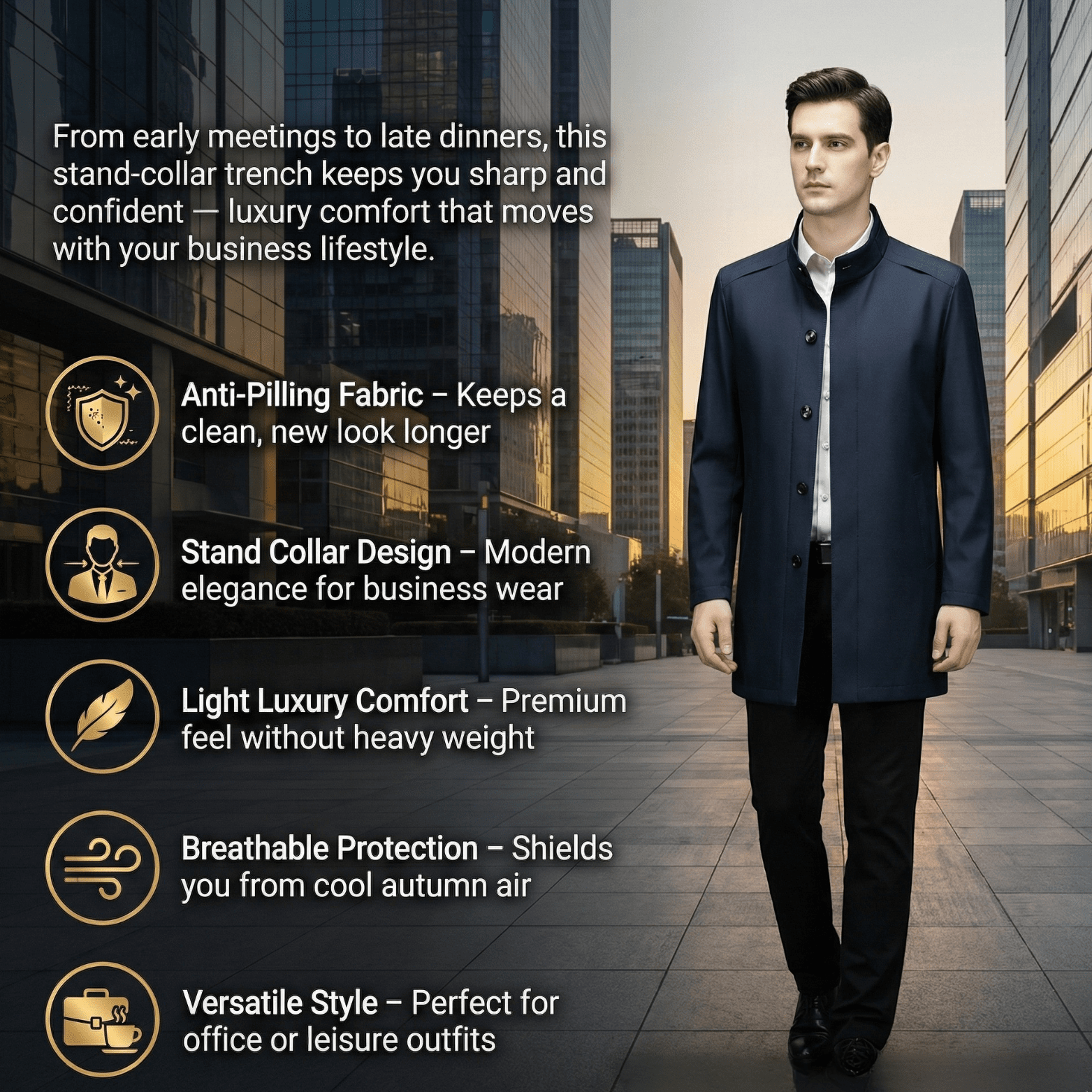 Men’s Stand Collar Trench Coat – Premium Autumn - The Crew