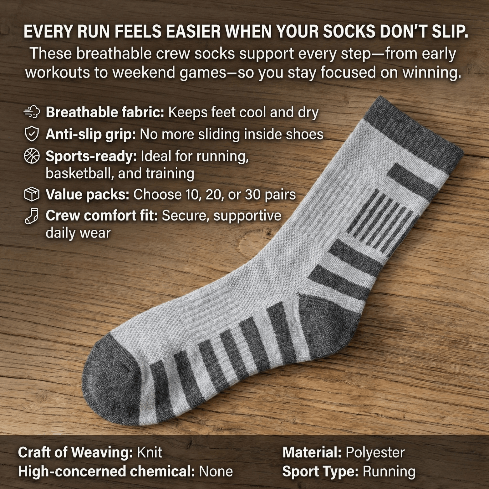Men’s Anti - Slip Crew Sports Socks 10–30 Pack – Breathable - The Crew
