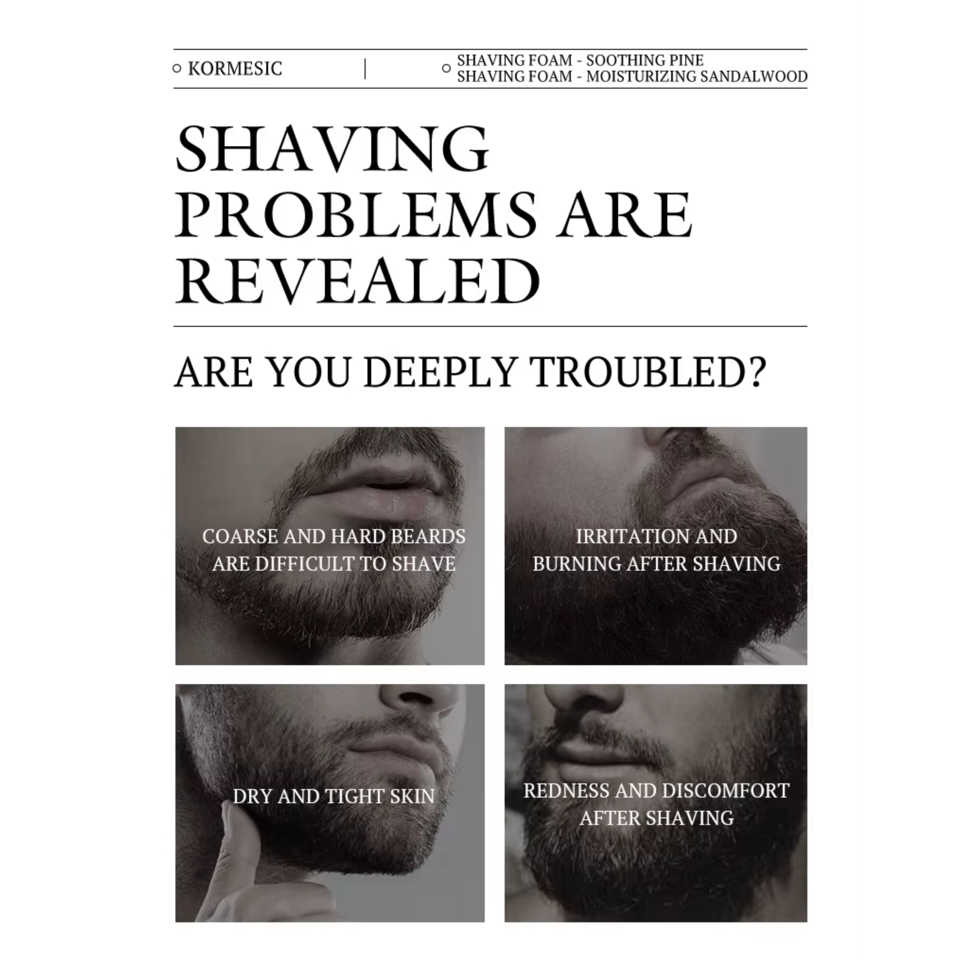 Infographic chart detailing common men's shaving issues like coarse stubble, razor bumps, and dry skin
