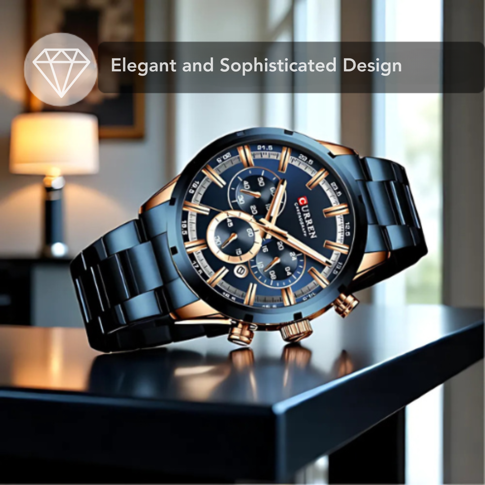 Close up aesthetic shot of Curren men's luxury dress watch highlighting the elegant and sophisticated design
