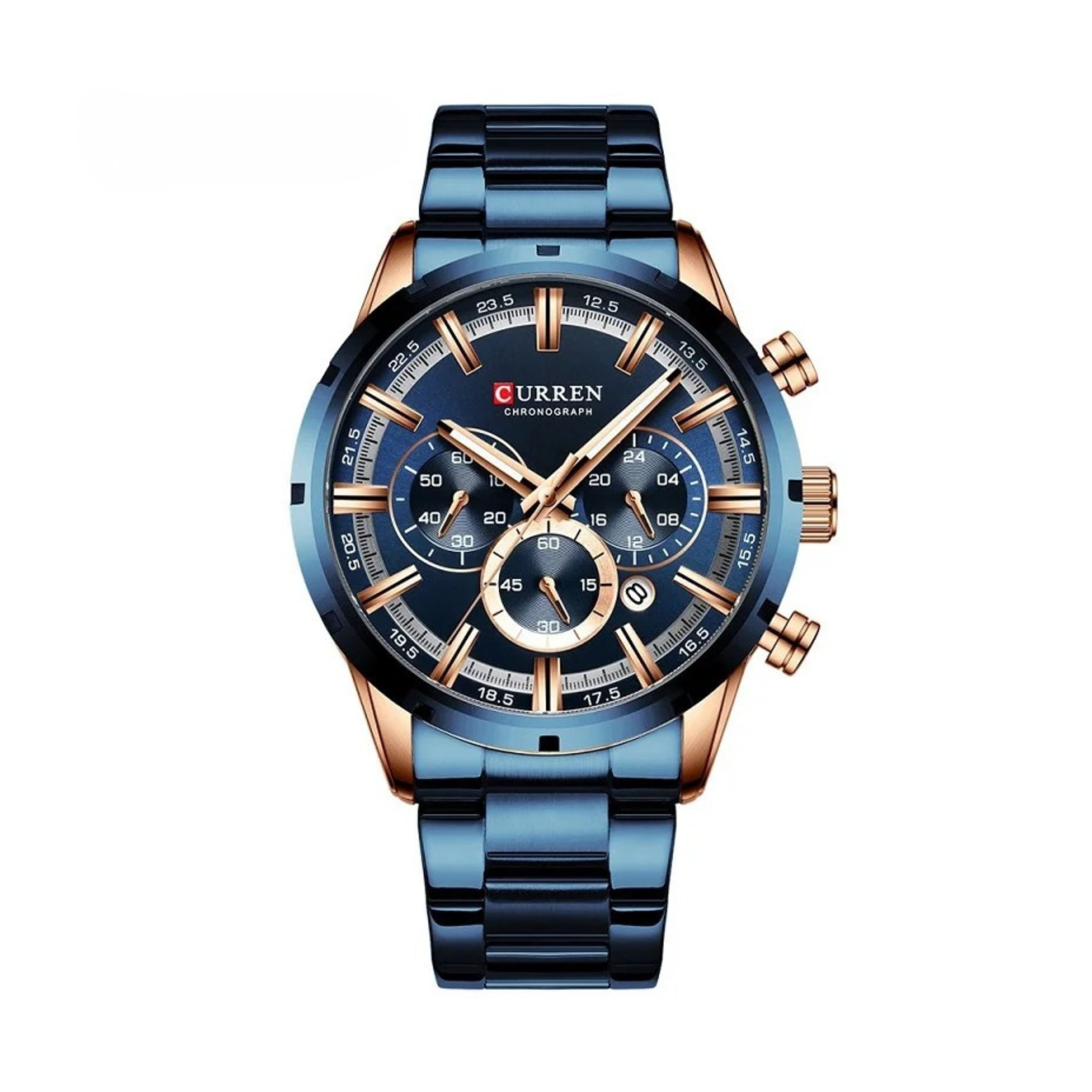 Elegant navy blue and rose gold men's wrist watch for formal or casual business outfits