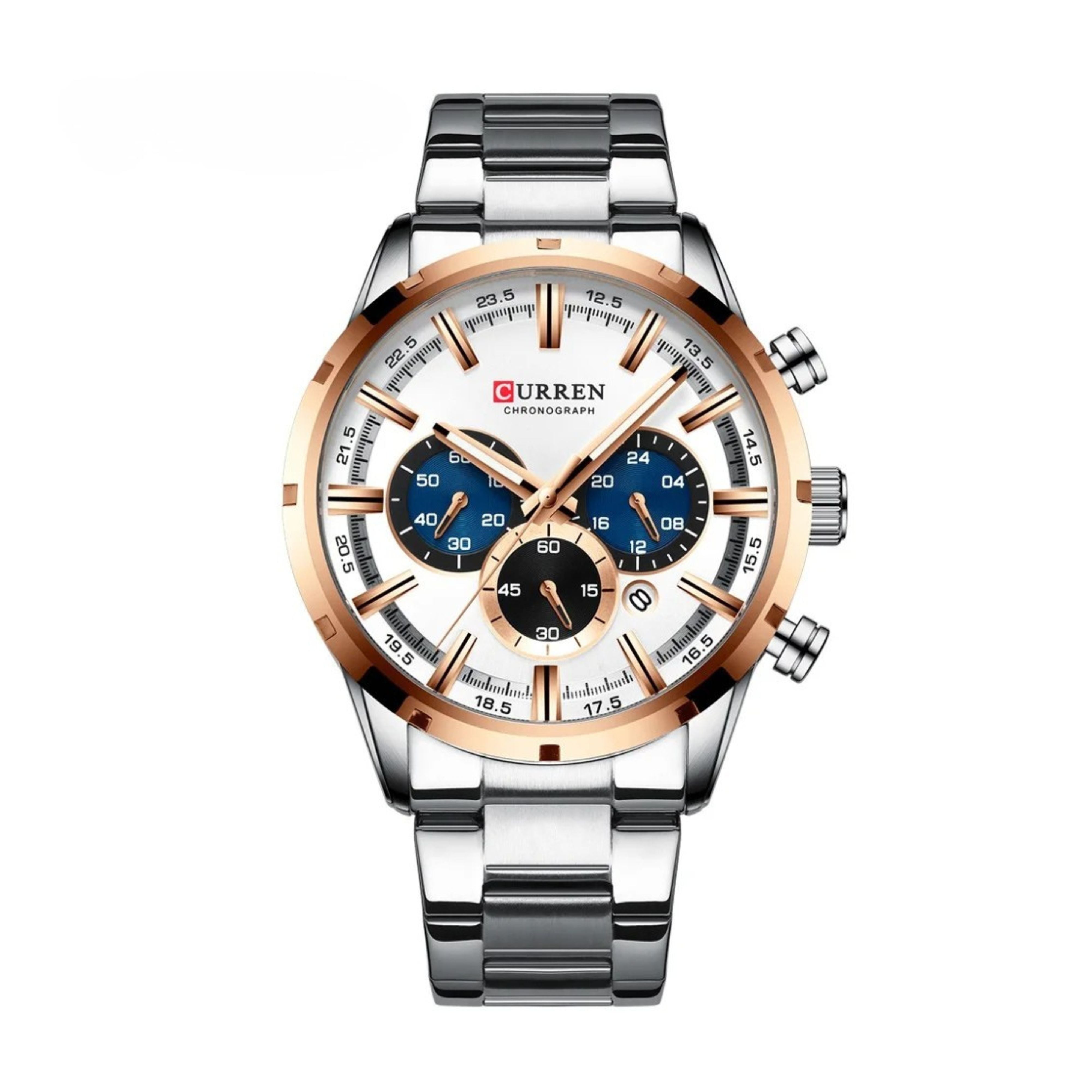 Front view of Curren men's luxury chronograph watch with silver and rose gold stainless steel band