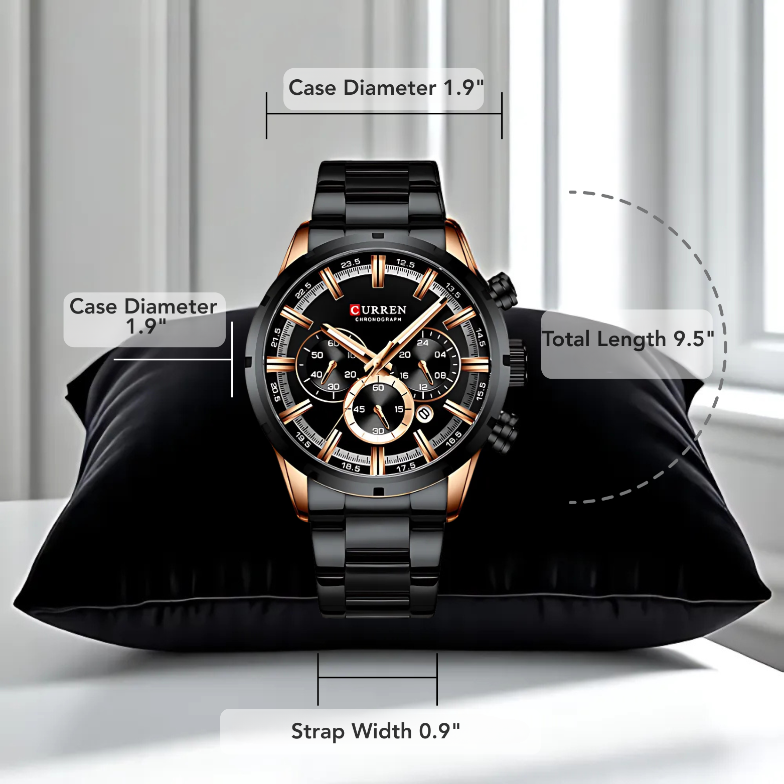 Sizing diagram showing Curren wrist watch case diameter and stainless steel strap width dimensions