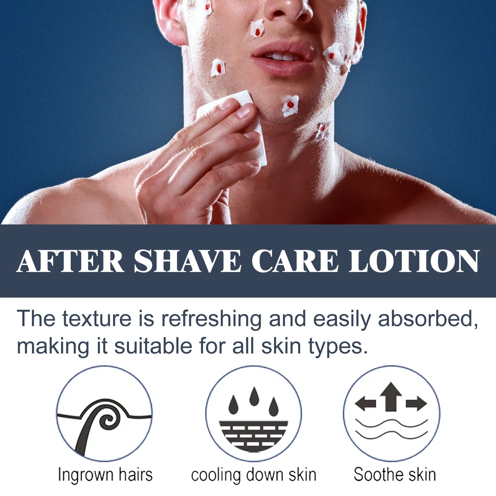 Infographic displaying icons for target areas including ingrown hairs, cooling down skin, and soothing skin barrier