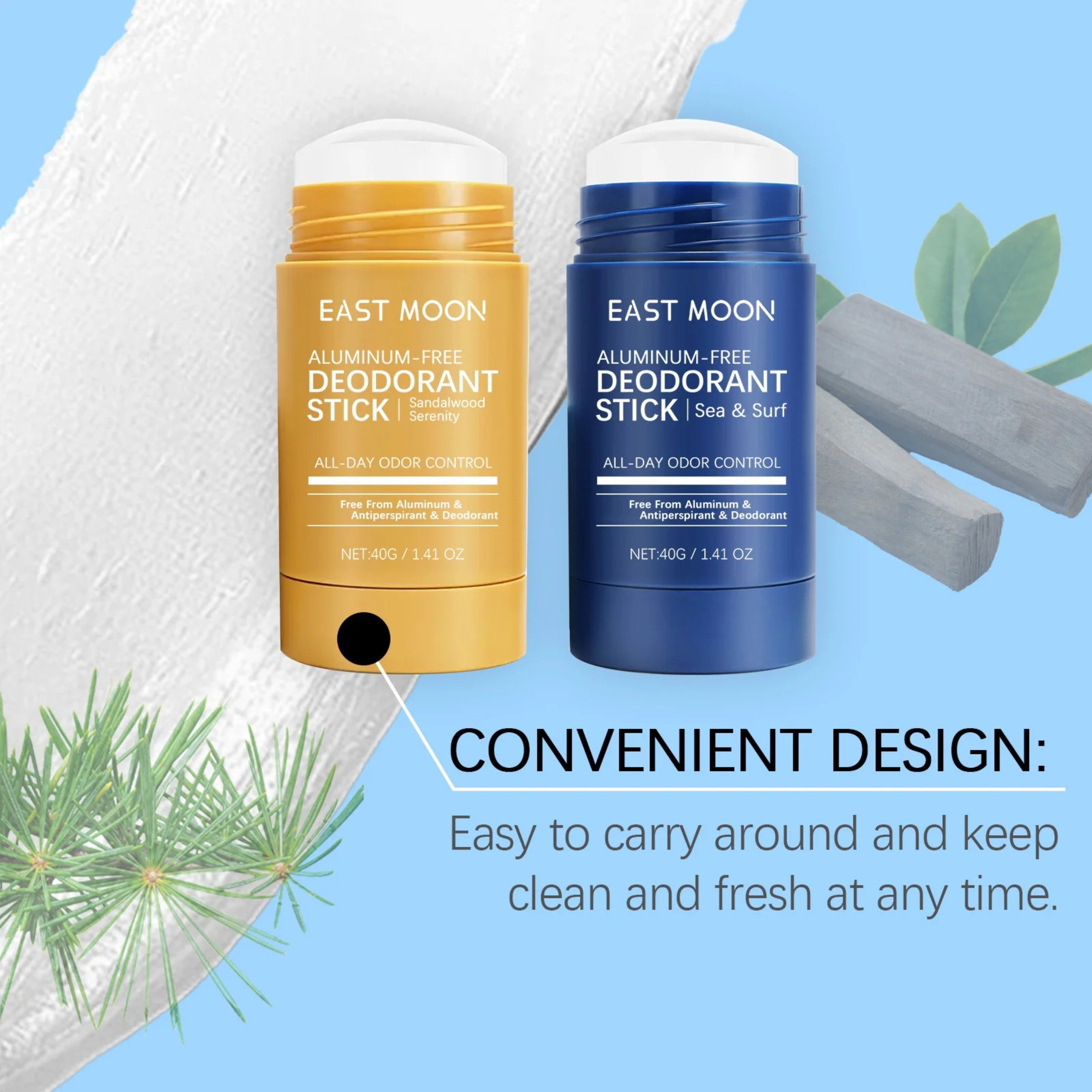 Yellow sandalwood and blue ocean deodorant sticks displayed over a white cream swipe, highlighting an easy-to-carry compact travel size