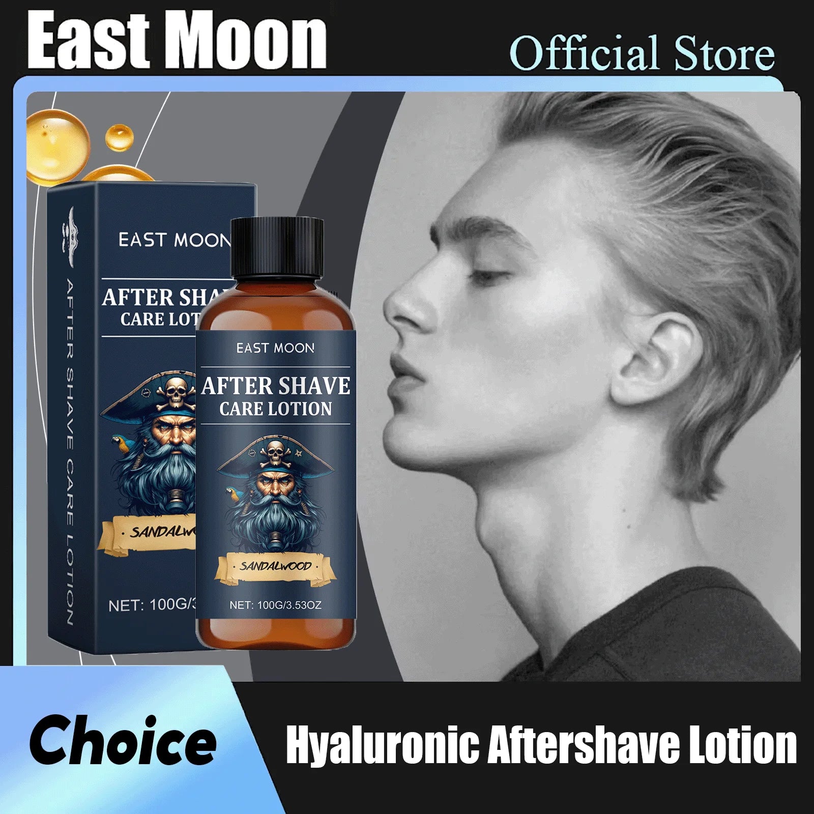 East Moon Sandalwood aftershave lotion bottle displayed next to its original dark blue product packaging box