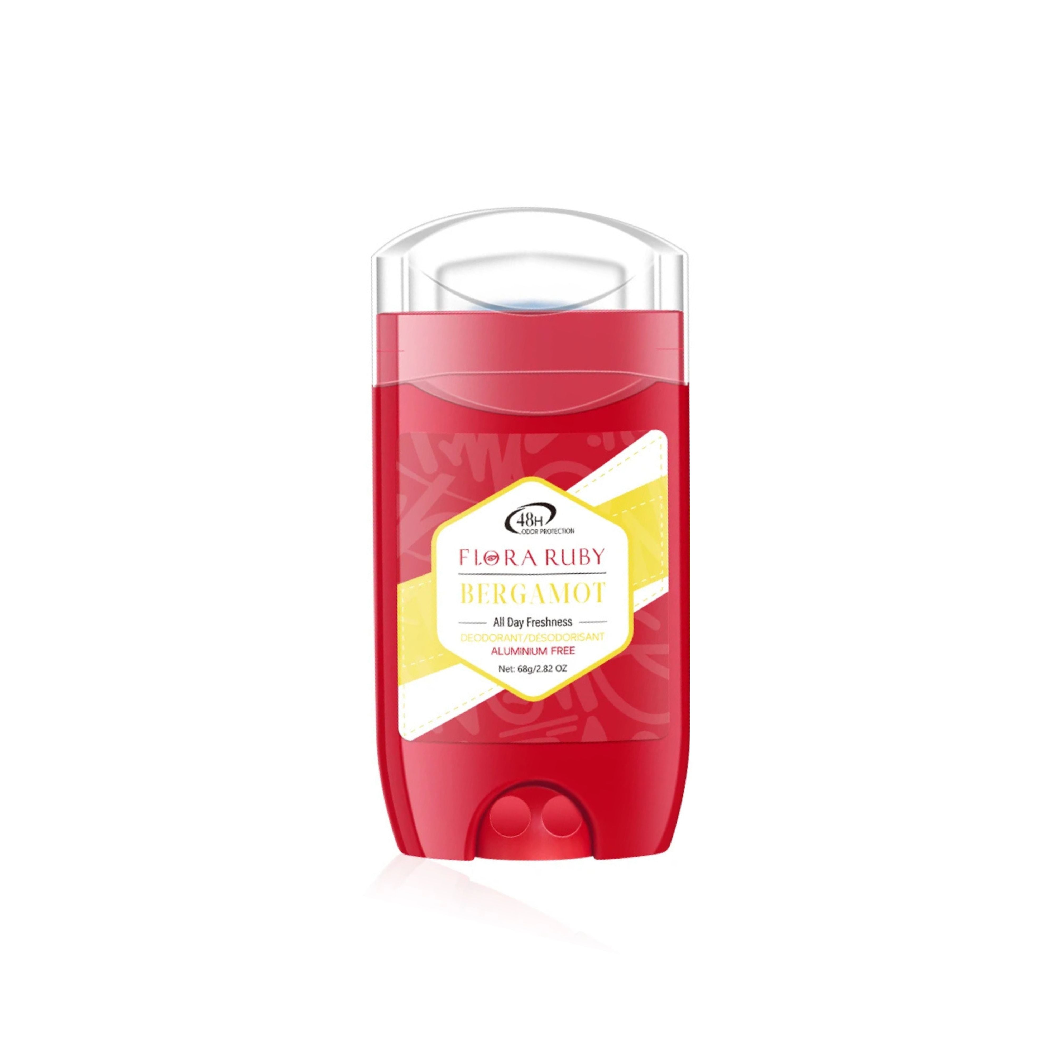 Single red Flora Ruby Bergamot deodorant stick with a yellow label for fresh citrus odor defense
