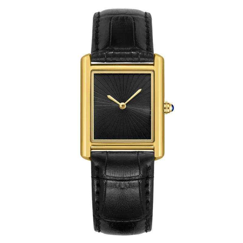 ZBJP classic square watch featuring a luxurious gold case, deep black numberless dial, and a textured black leather strap