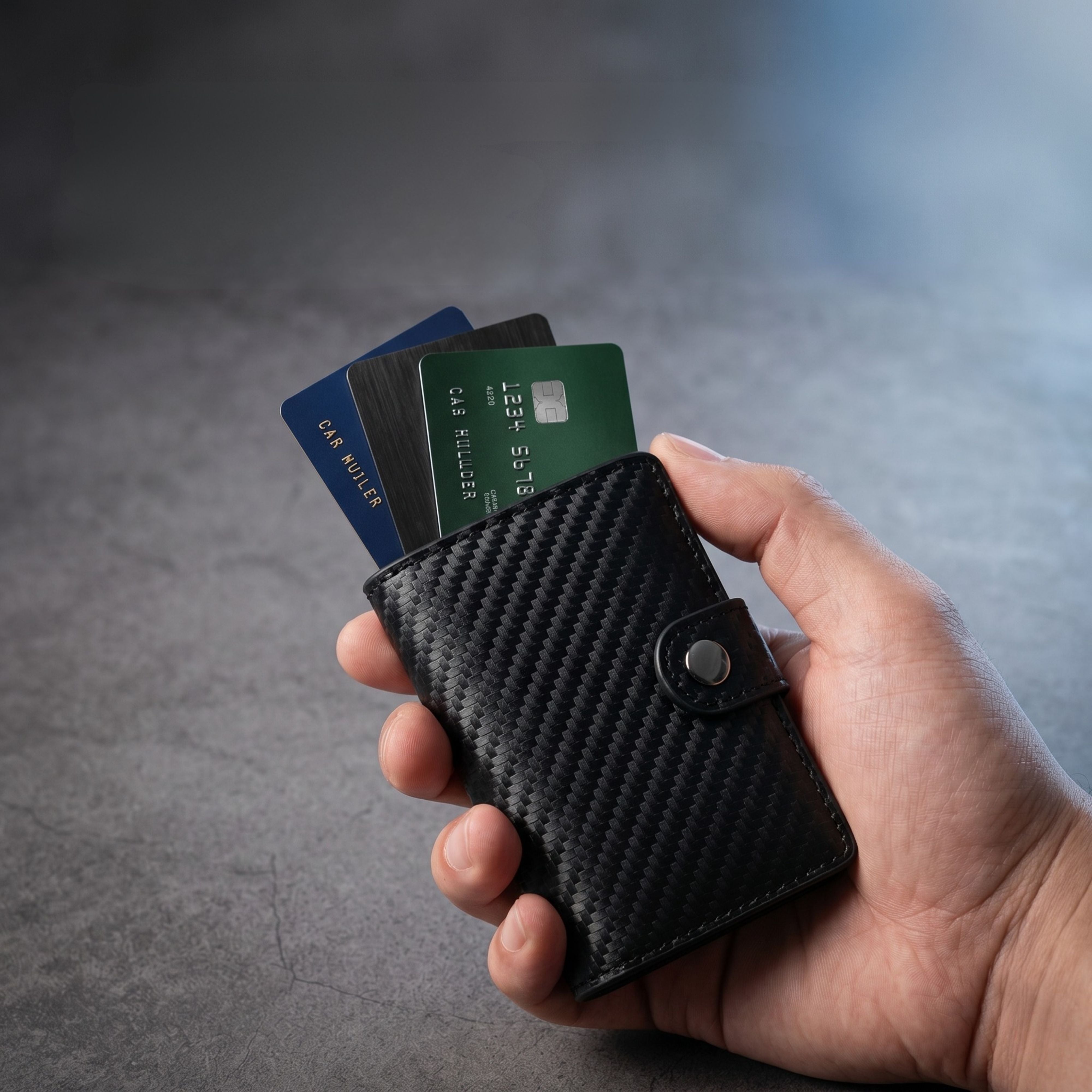 A close-up shot of a hand holding the black carbon fiber smart wallet, engaging the trigger mechanism to cleanly fan out credit cards