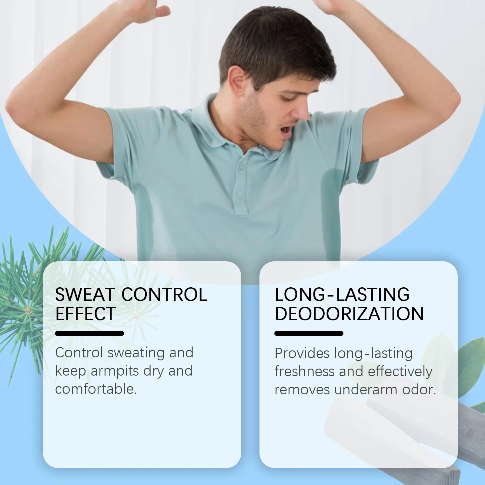 Step-by-step application guide showing how to clean the armpit and apply the sandalwood stick evenly