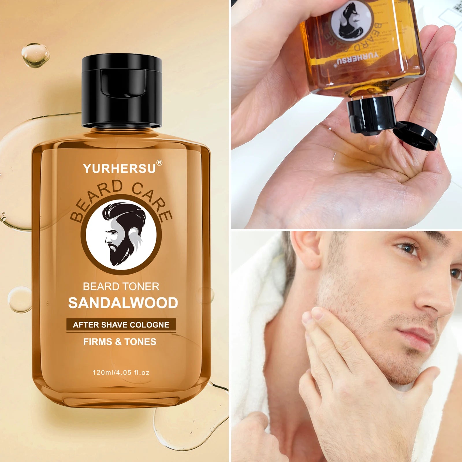 Split-screen infographic showing hands dispensing the amber toner liquid and a man applying it to his freshly shaved neck