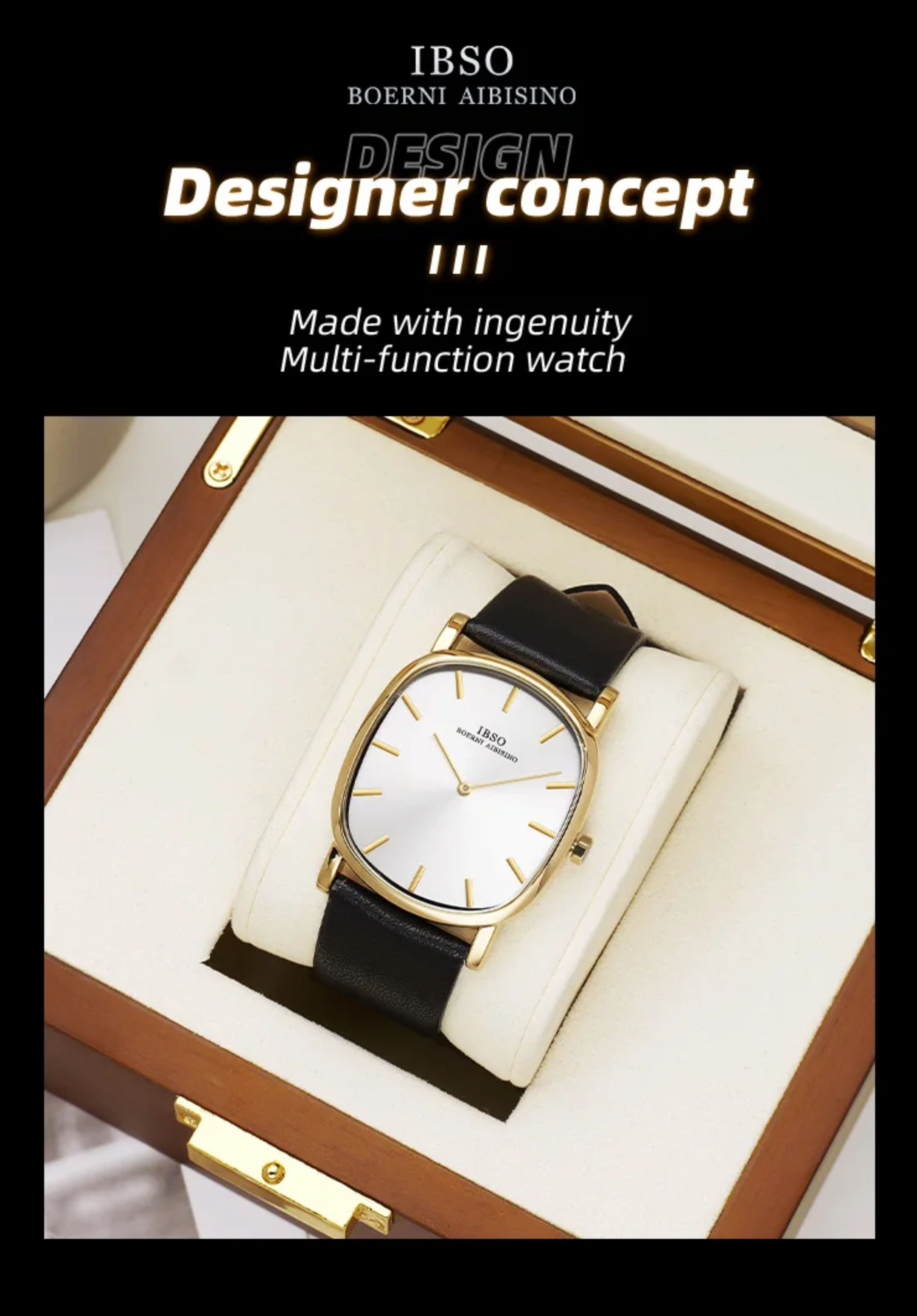 Designer concept promotional image showing the gold and white IBSO minimalist watch resting inside a premium wooden gift box.