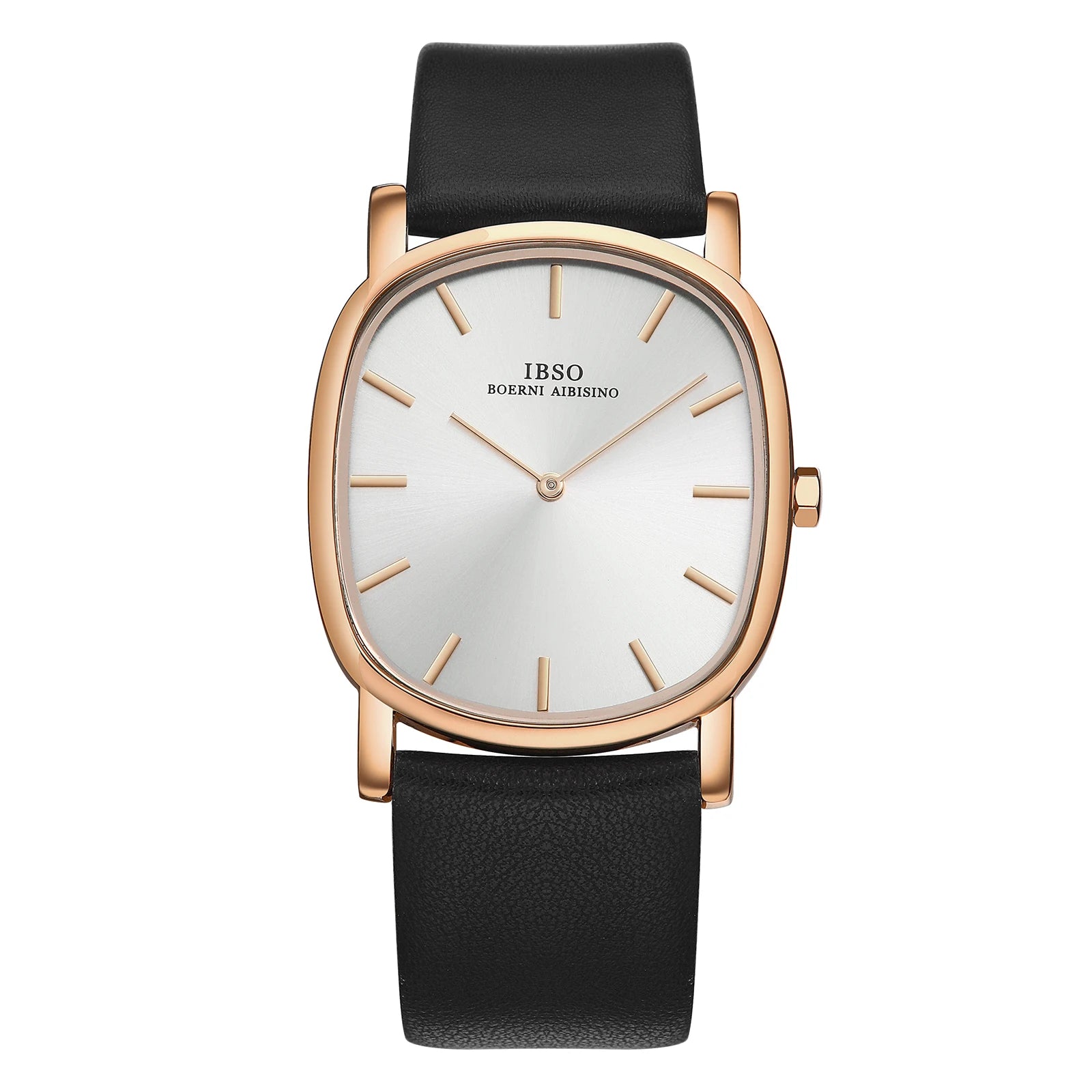 IBSO irregular shape watch featuring a rose gold case, minimalist white dial, and black leather strap.