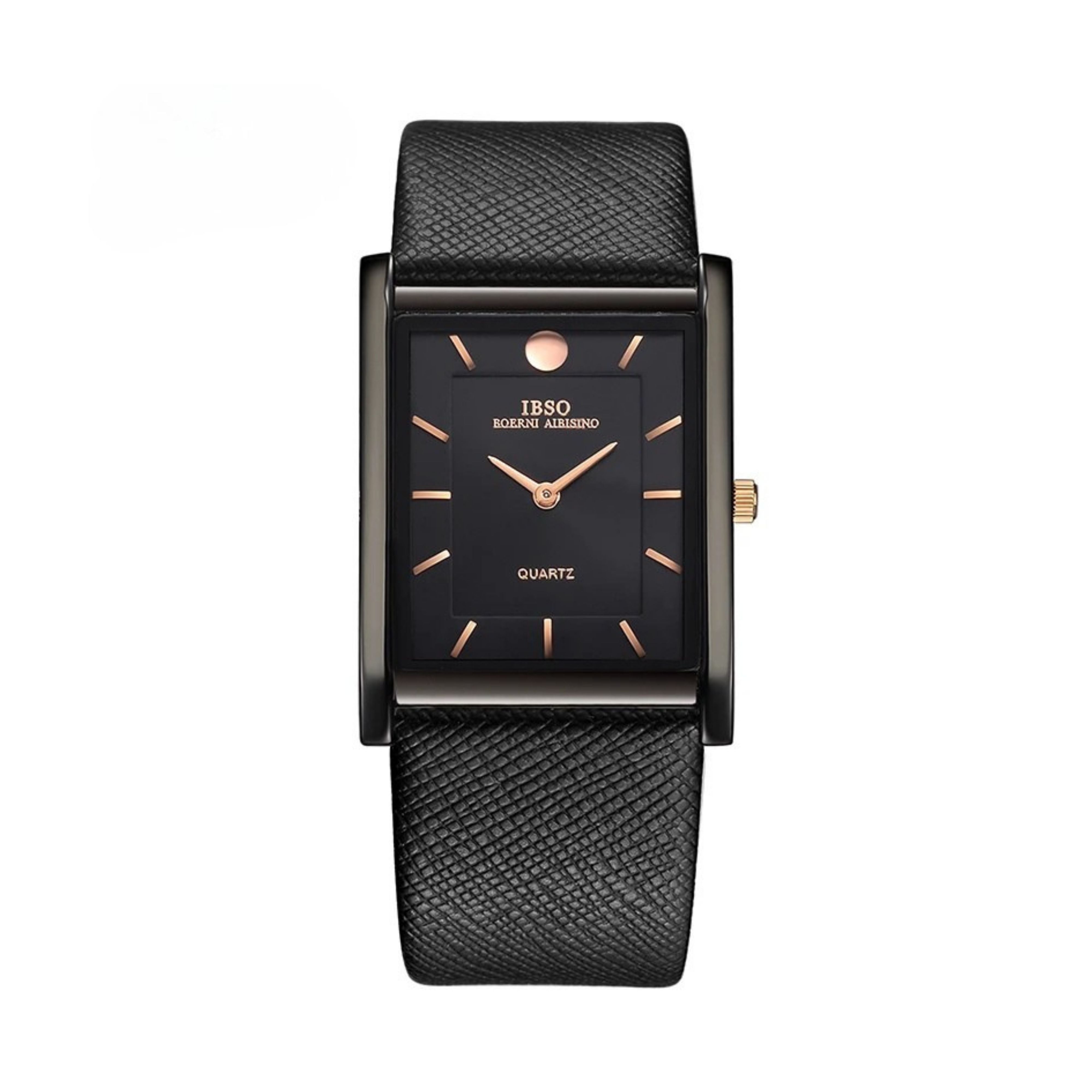 IBSO minimalist dress watch showcasing an all-black rectangular alloy case, black dial with gold indices, and black leather strap