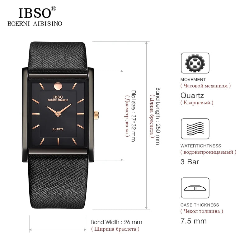 Product infographic chart detailing the dimensions and features of the IBSO rectangle watch, including 3Bar water resistance and quartz movement