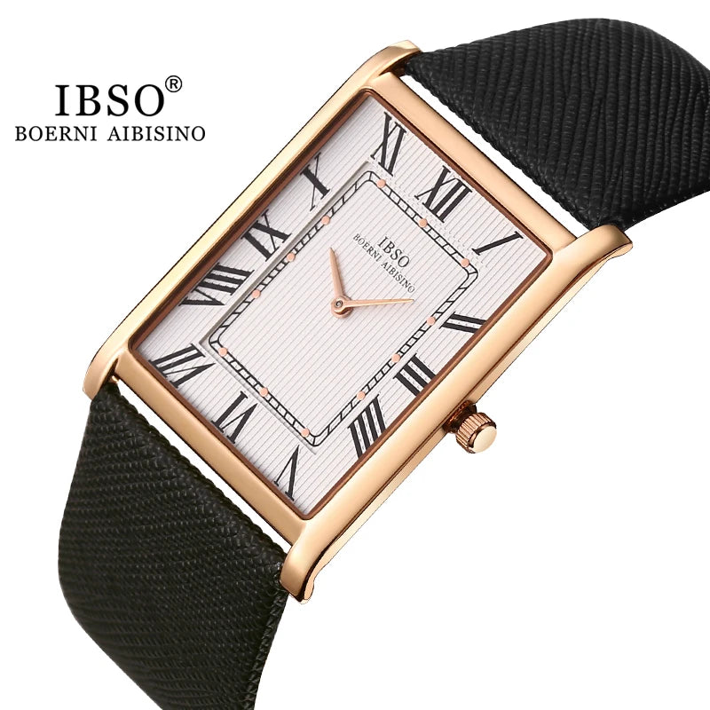 Studio product display of an IBSO rectangular watch featuring a polished rose gold case, timeless white face with black Roman numerals, and black strap