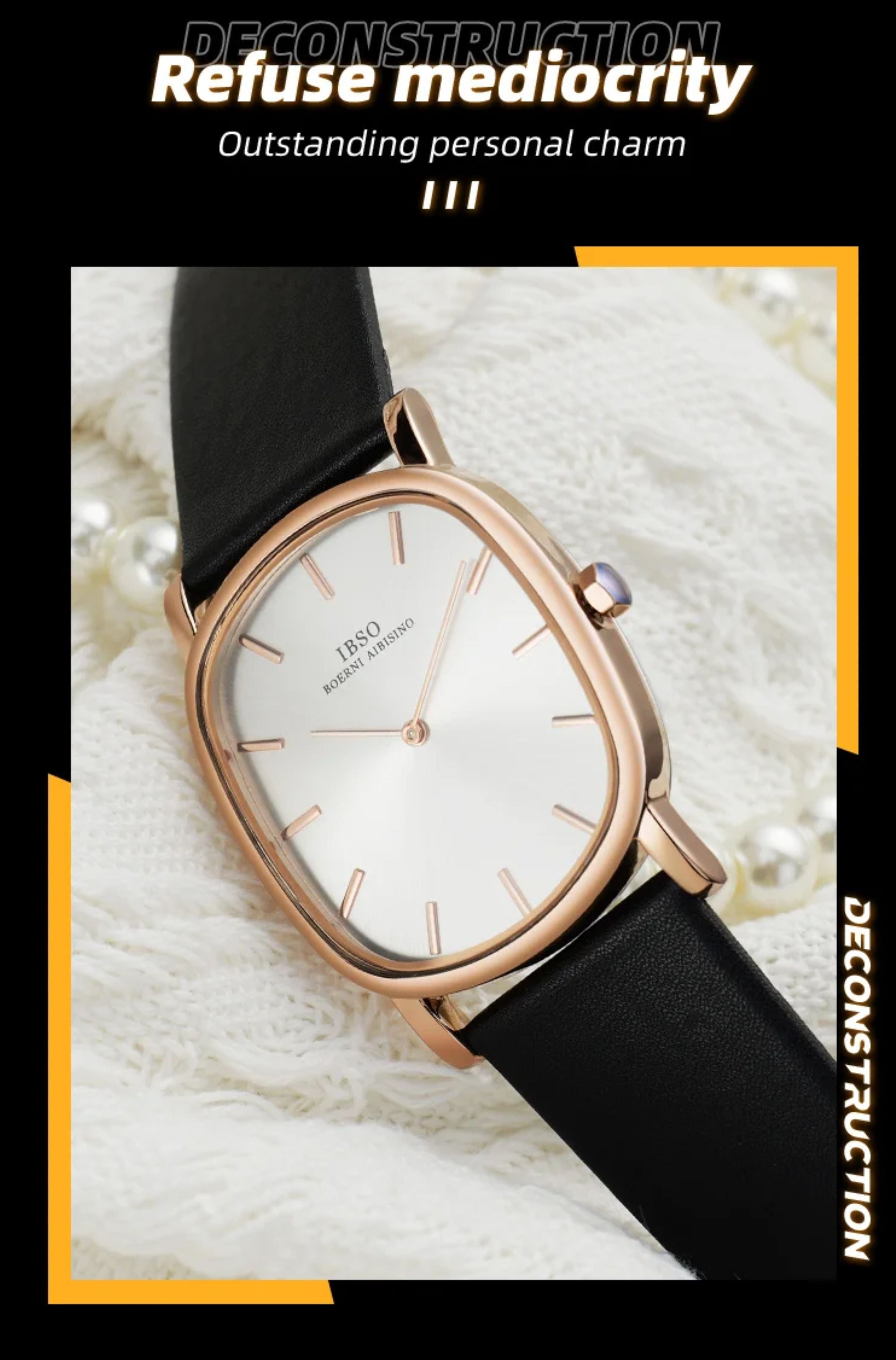 Rose gold and white IBSO cushion case watch resting on soft white fabric with pearls, emphasizing elegant design.