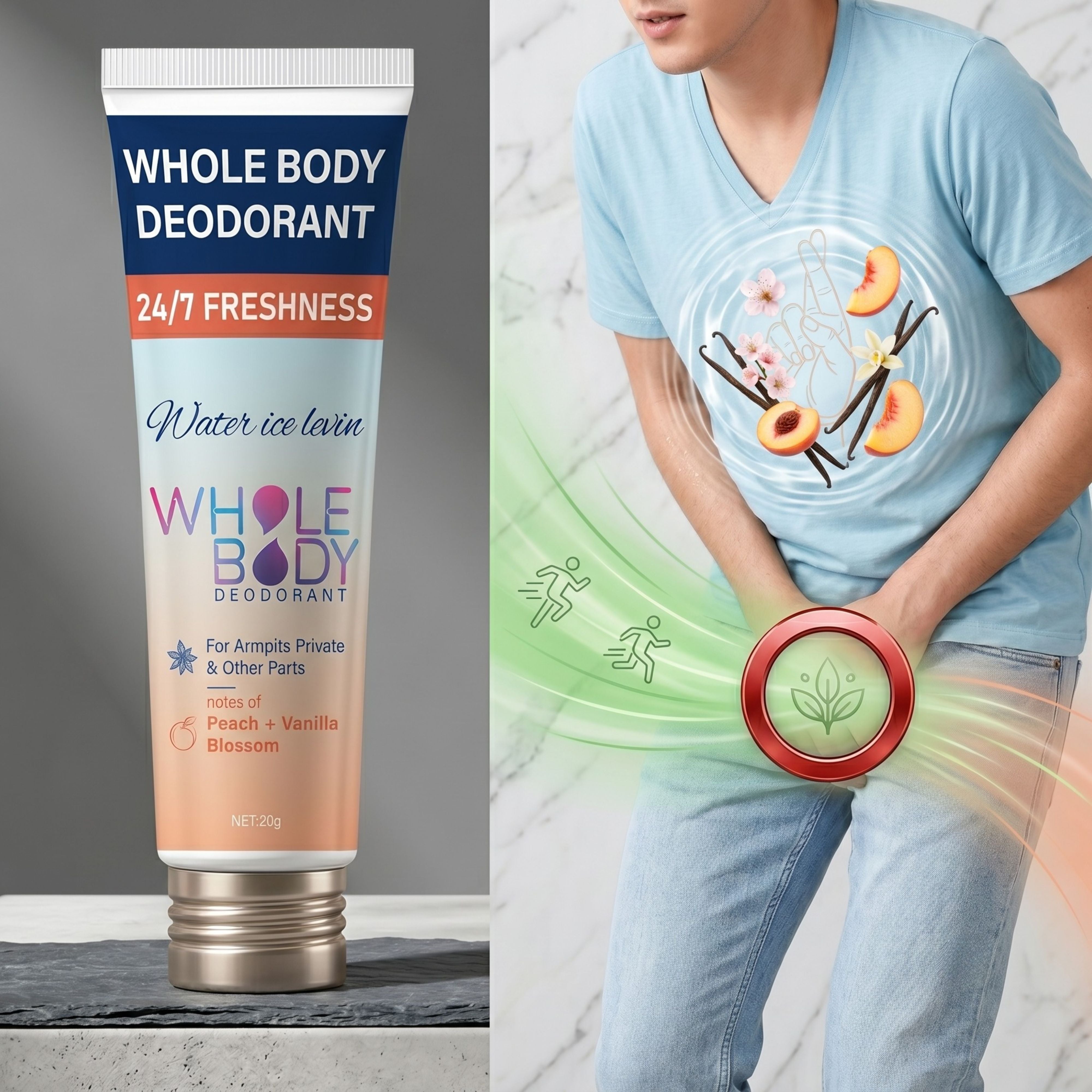 Graphic demonstrating the application of the whole body deodorant cream on private parts for men and women