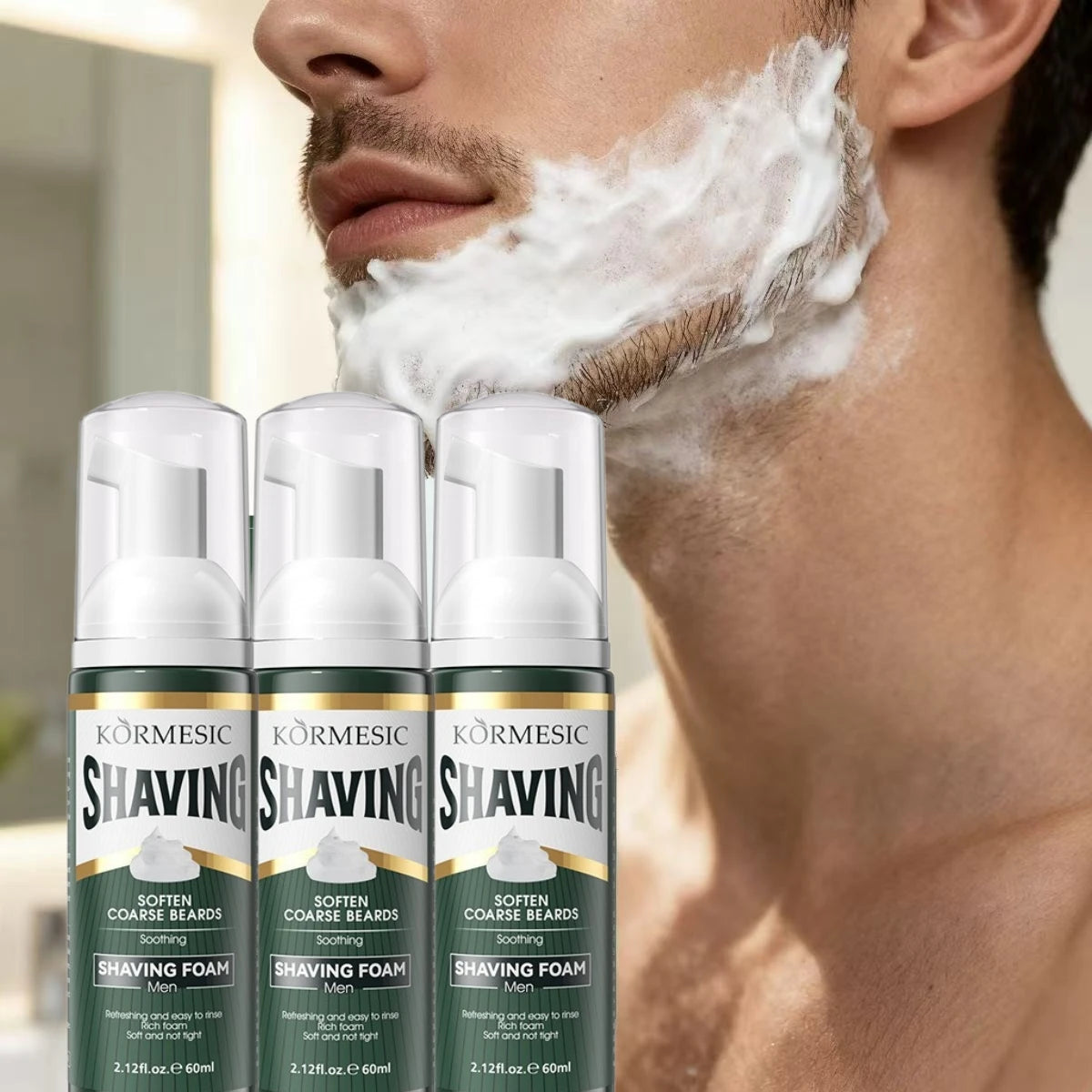 Three green bottles of Kormesic shaving foam next to a man applying white lather to his neck