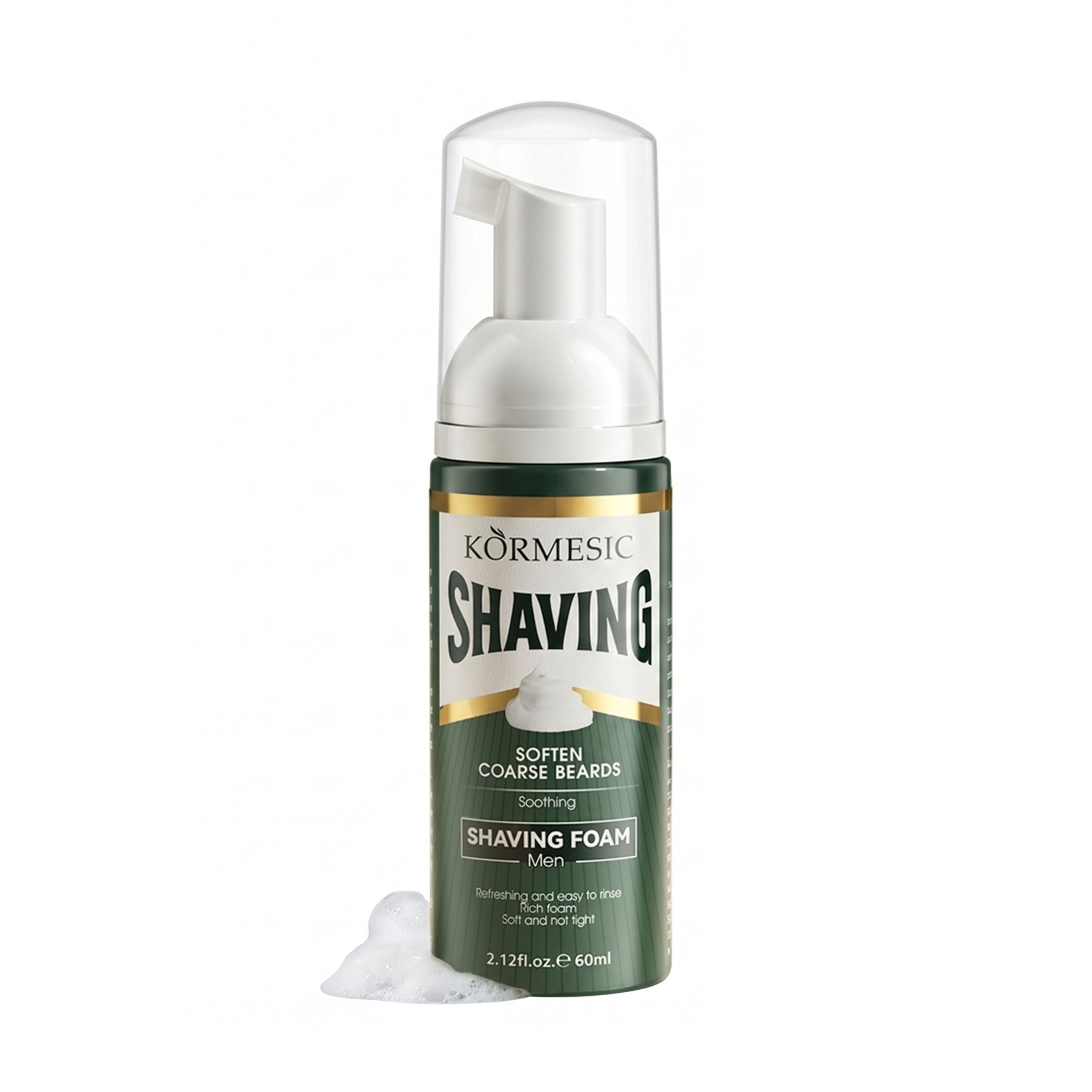 60ml bottle of Kormesic Soothing Shaving Foam in green packaging, designed to soften coarse beards