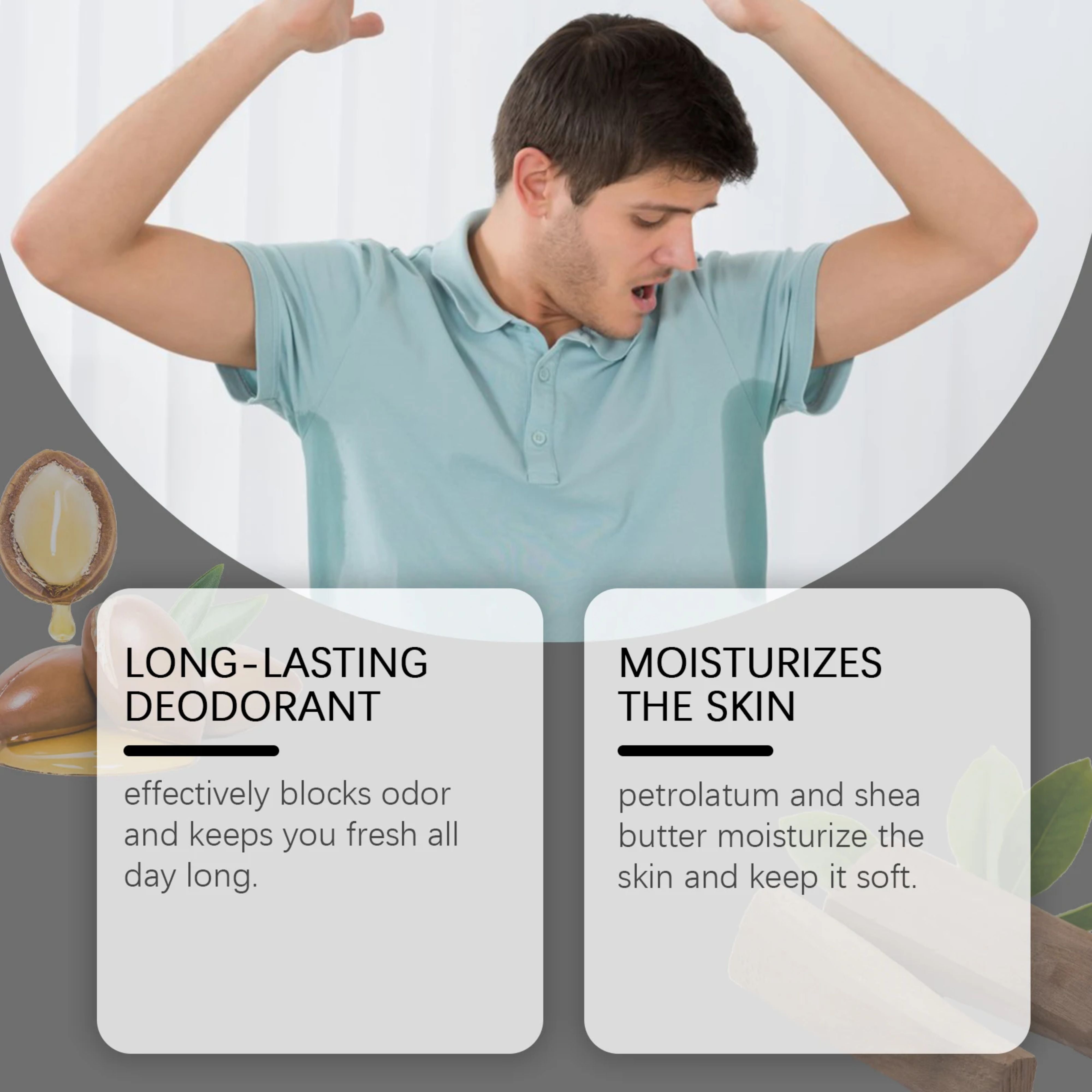 A man raising his arms next to text highlights for long-lasting body odor defense and skin moisturizing benefits