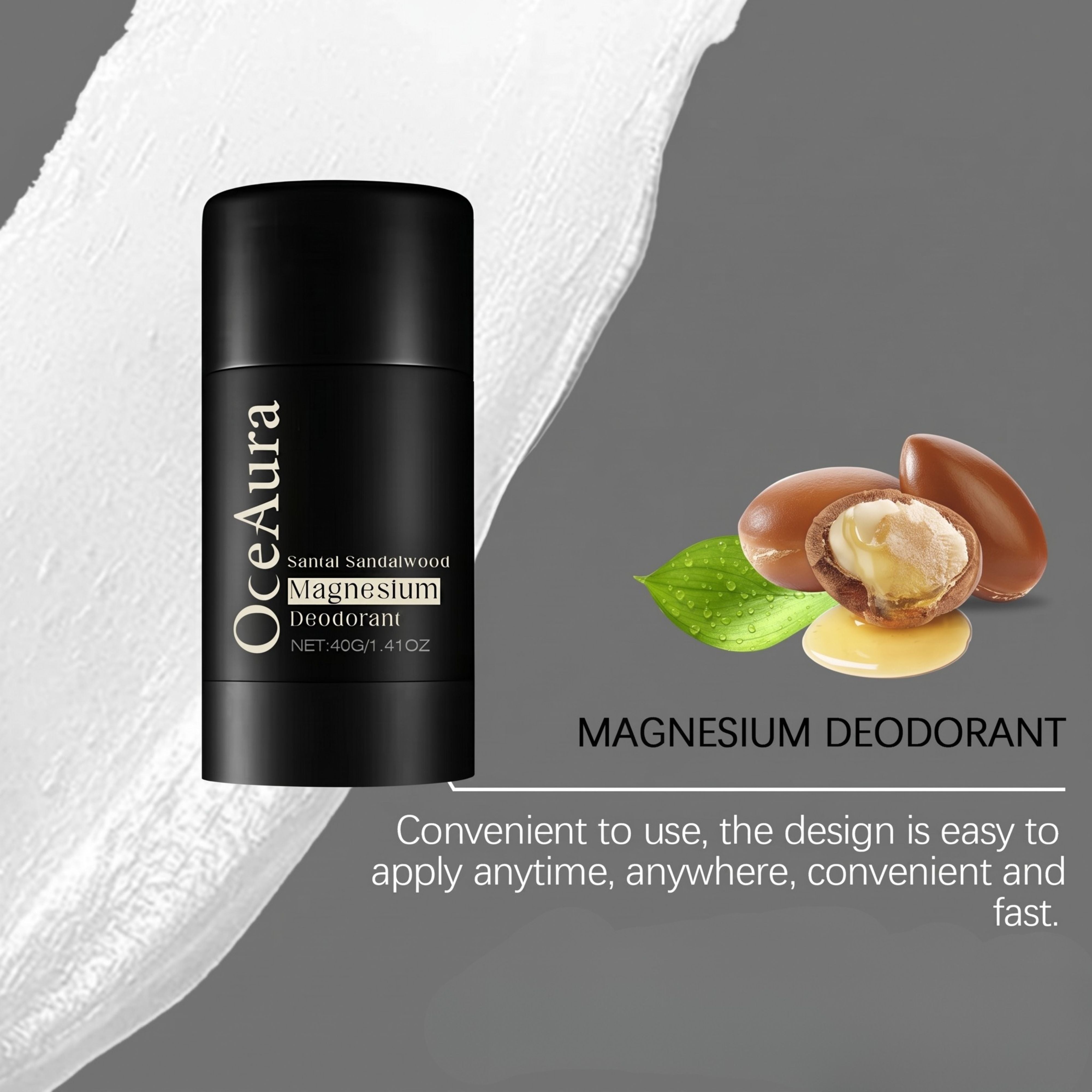 Infographic listing product specifications like clean formula, weight, and application steps for OceAura Magnesium Deodorant