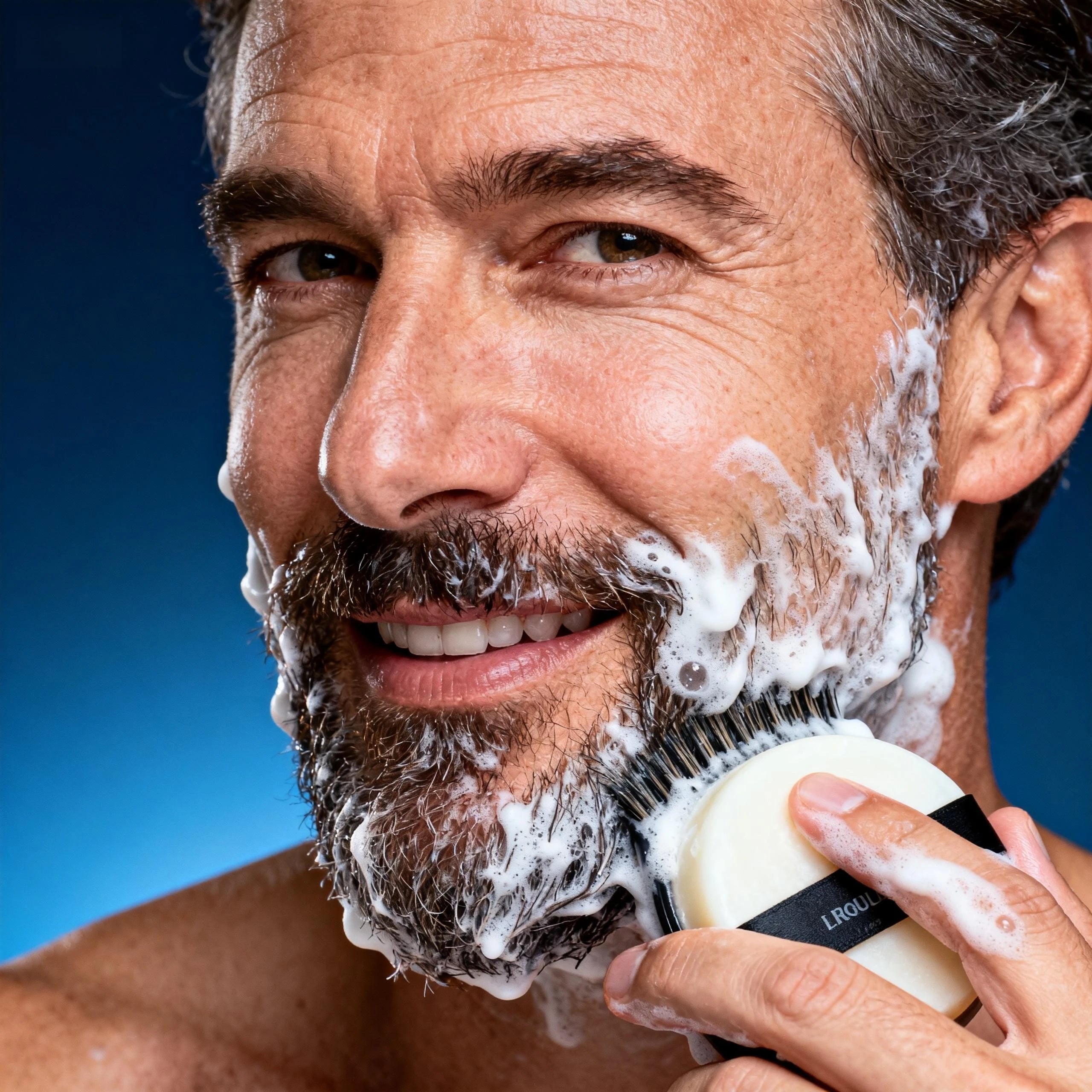 Smiling mature man using a traditional shaving brush to apply thick Sadoer soap lather to his beard