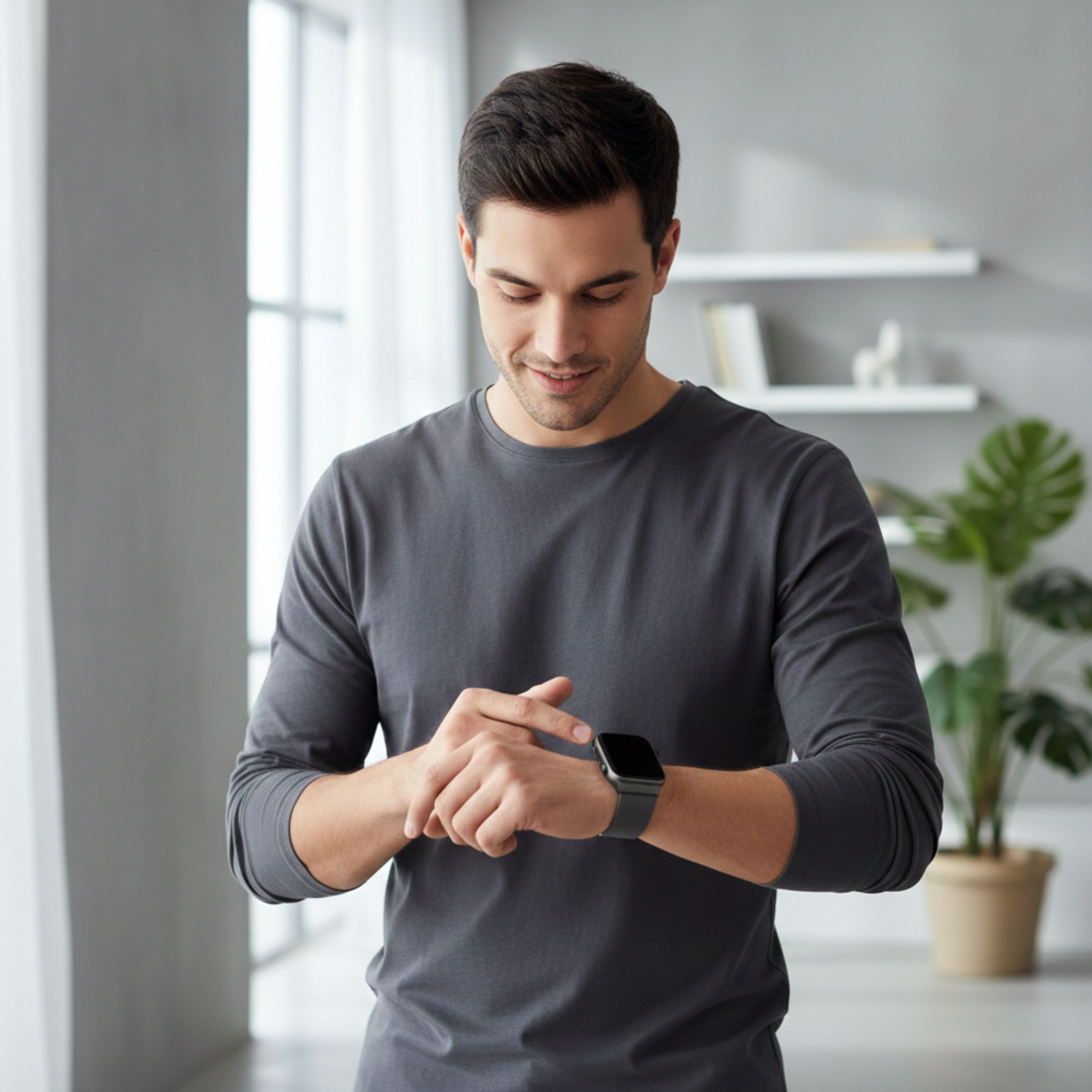 A smiling man in a grey long-sleeve shirt interacting with his black smartwatch in a bright, modern living room with plants in the background